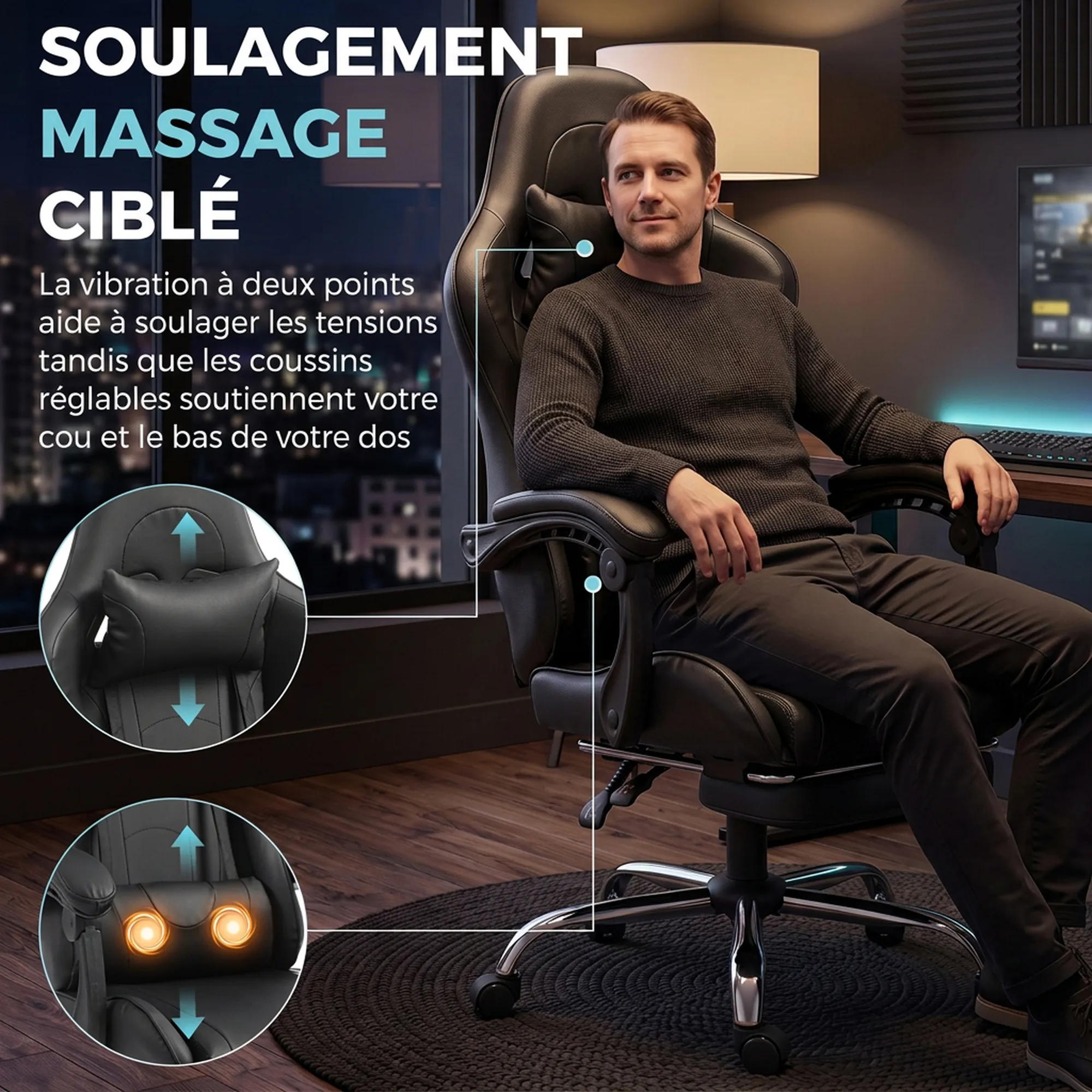 Fauteuil Gaming Ergonomique avec Massage USB, Repose-Pieds & Dossier Inclinable – Noir - Afbeelding 4