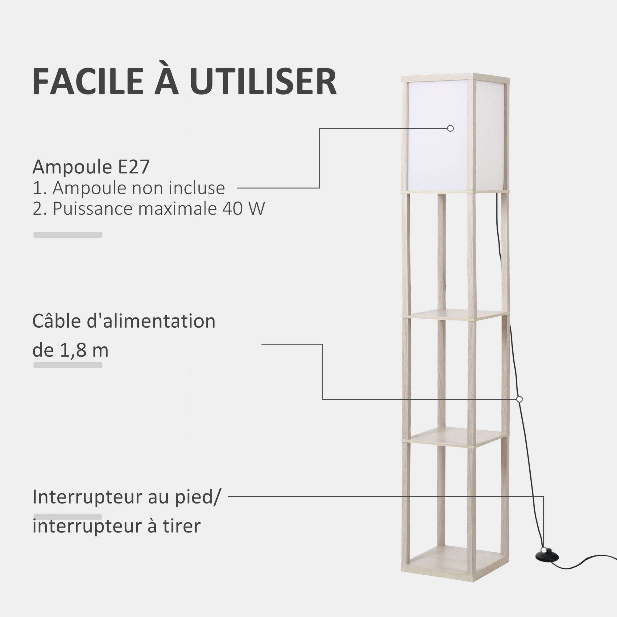 Lampadaire étagère 26L x 26l x 160H cm 3 étagères 4 Niveaux MDF chêne - Afbeelding 5