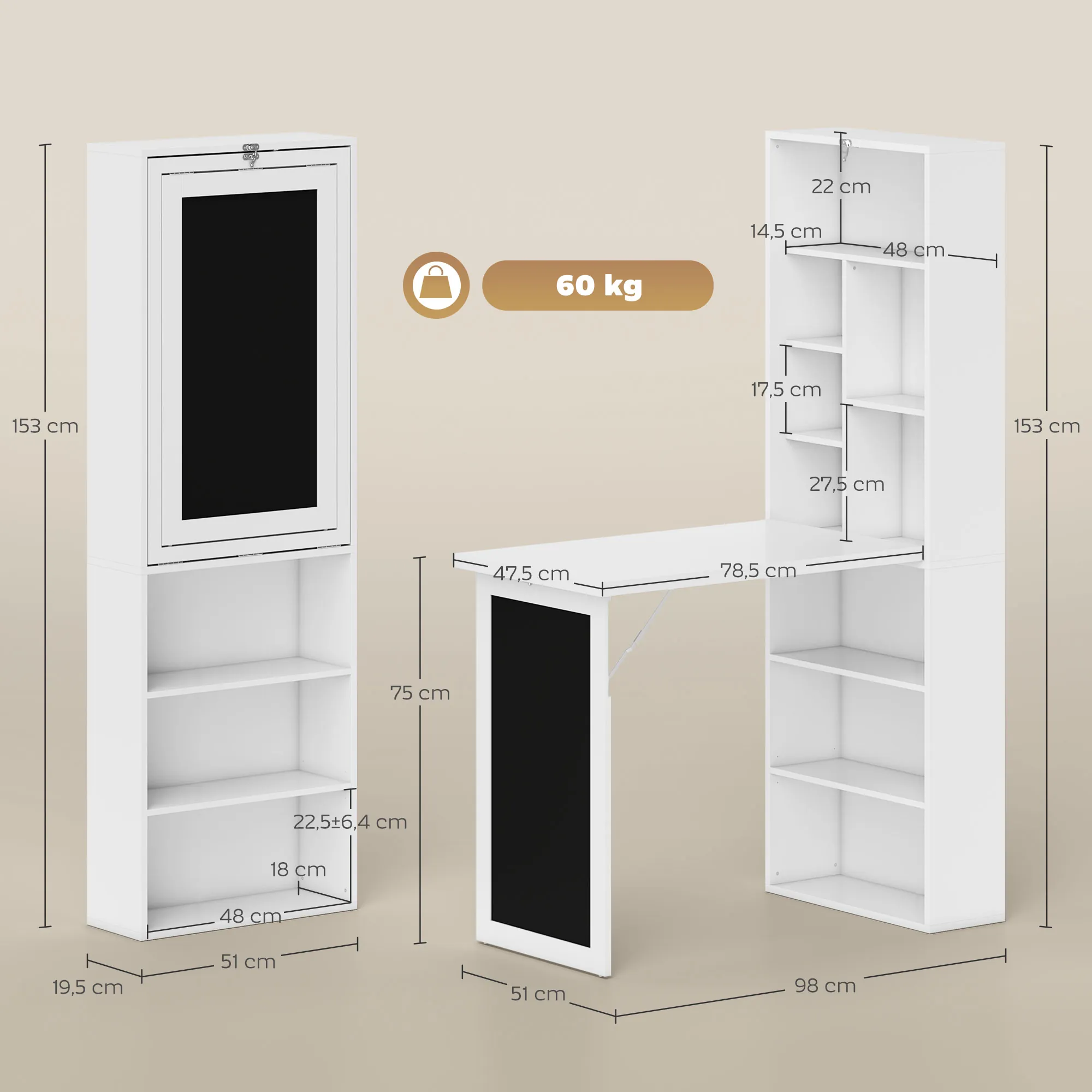 Bureau Pliable 3-en-1 avec Bibliothèque & Tableau Noir – Blanc - Image 3