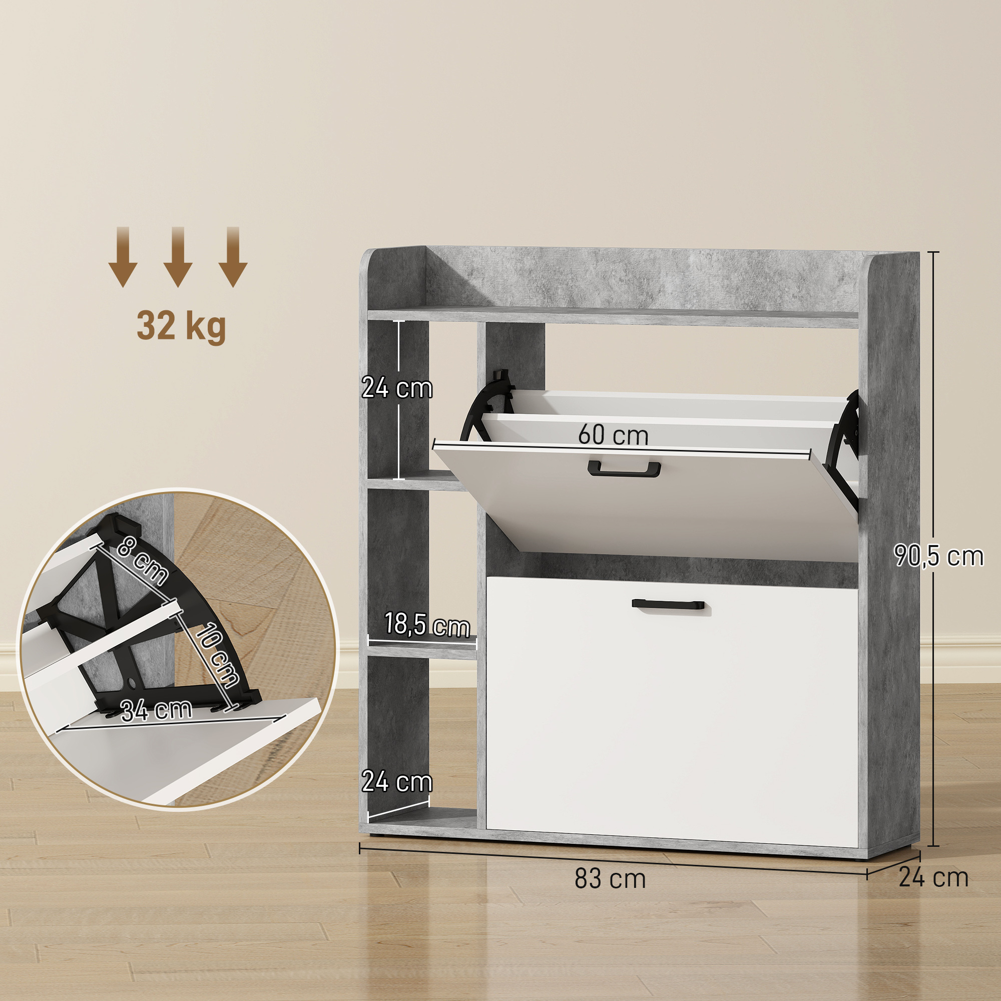 Meuble à Chaussures 15 Paires – 2 Tiroirs Basculants & Rangements – Blanc et Gris - Afbeelding 3