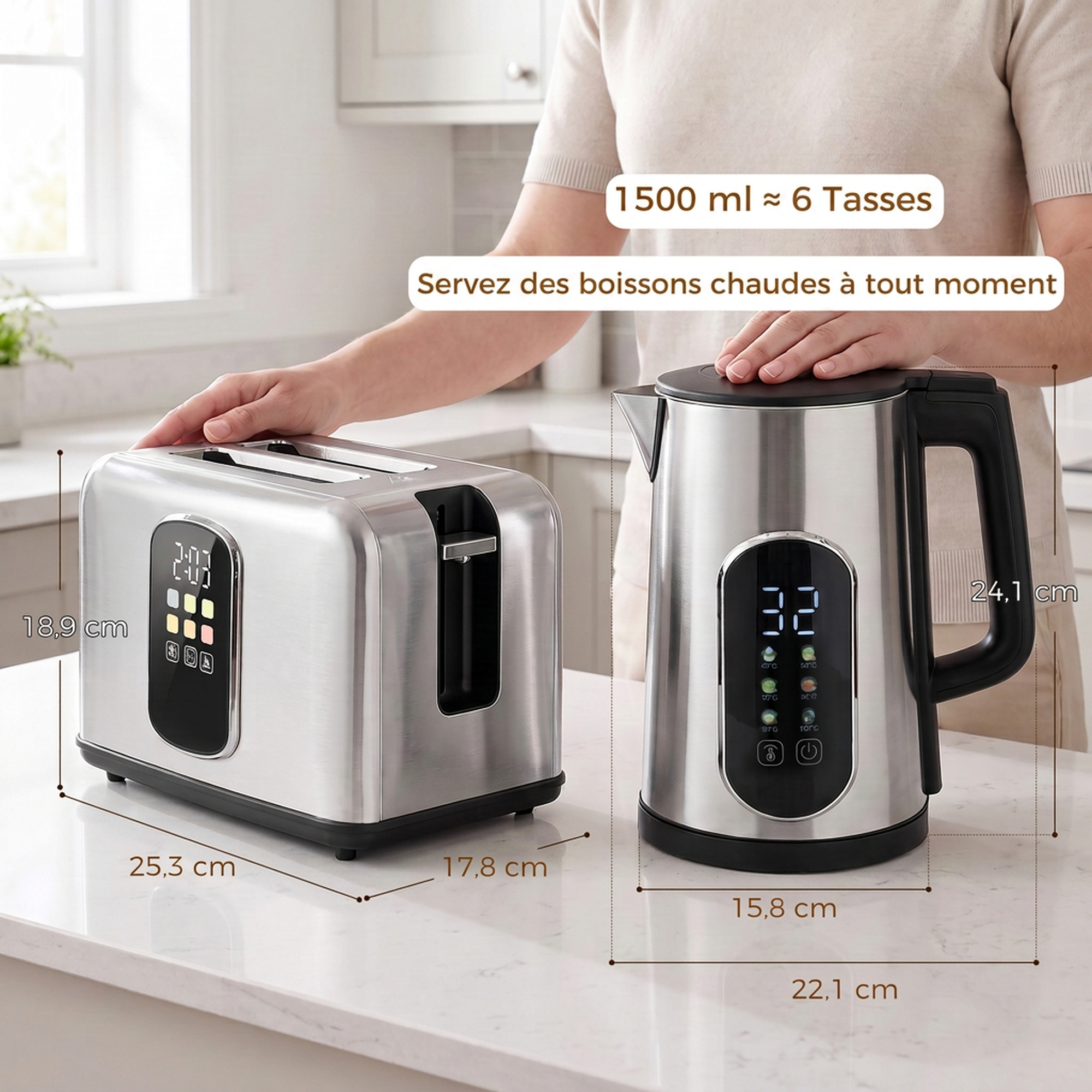 Ensemble Bouilloire 1,5 L 2200 W & Grille-Pain Tactile 2 Tranches – Inox Argenté - Afbeelding 3