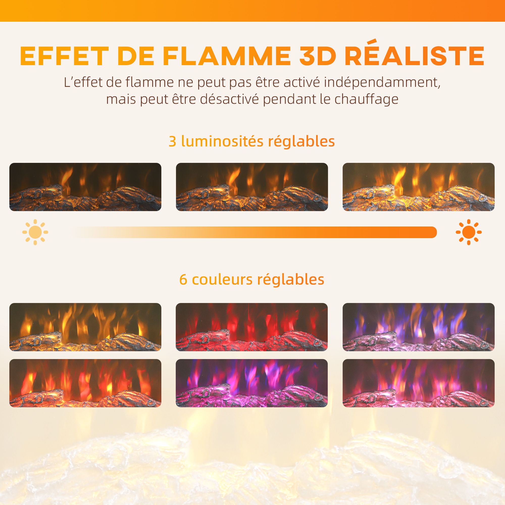 Cheminée Électrique 2000 W – Effet Flammes 3D, Télécommande & Thermostat – Marron – Bild 4