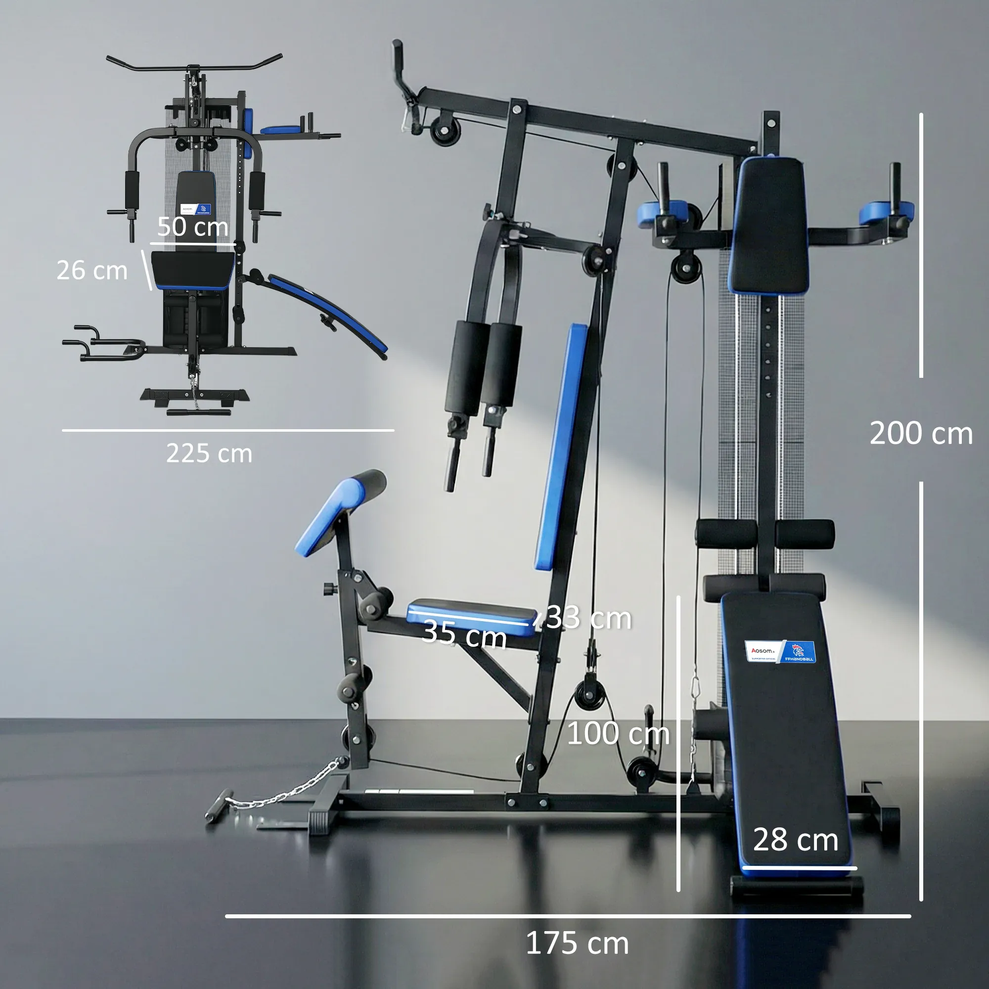Station de Musculation Multifonction 65 kg avec Banc & Poulies – Bleu & Noir - Afbeelding 3