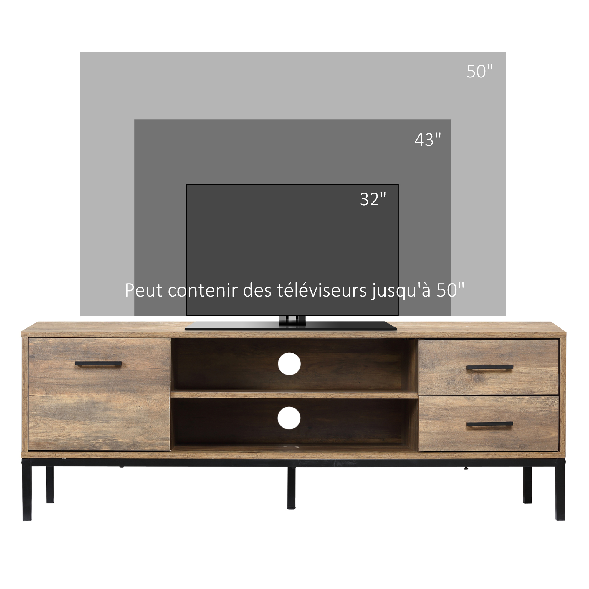 Meuble TV Industriel 132 cm – 2 Tiroirs, Placard & Niches – Marron et Noir - Afbeelding 6