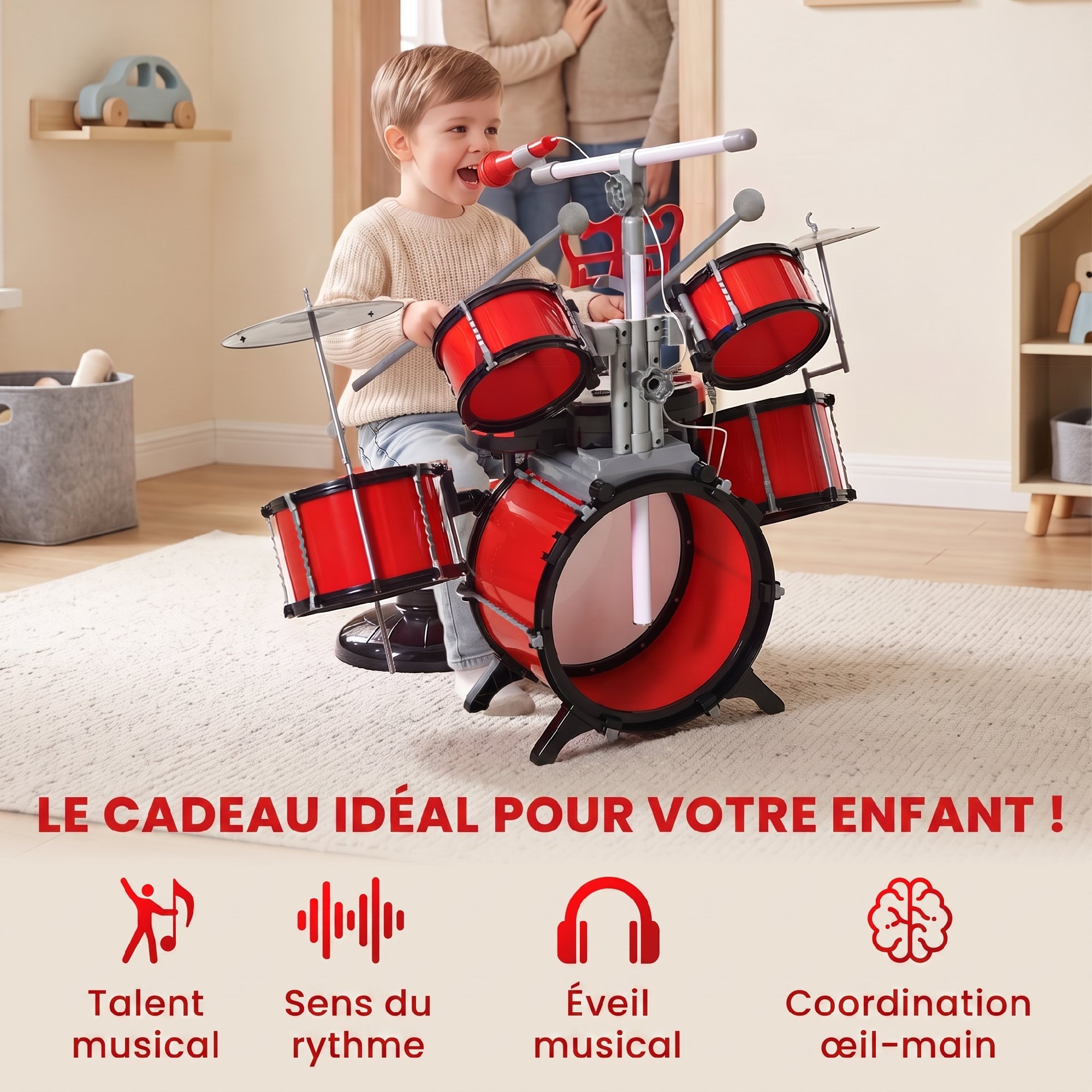 Batterie Musicale Enfant Électronique avec Clavier, Micro et Tabouret – Rouge - Afbeelding 4