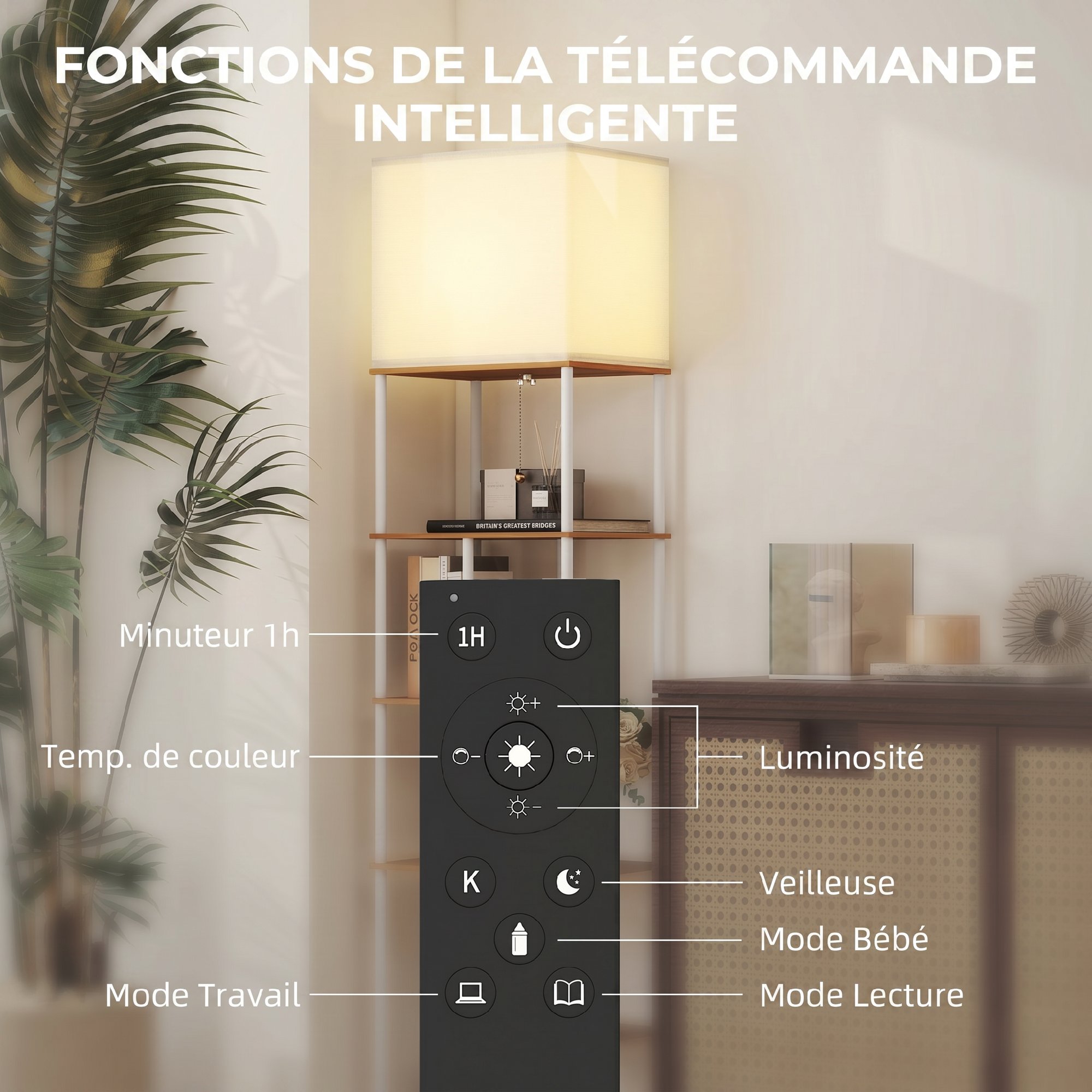 Lampadaire avec étagères, lampadaire sur pied de salon dimmable, télécommande, 40 x 29 x 171 cm, bois naturel - Afbeelding 5