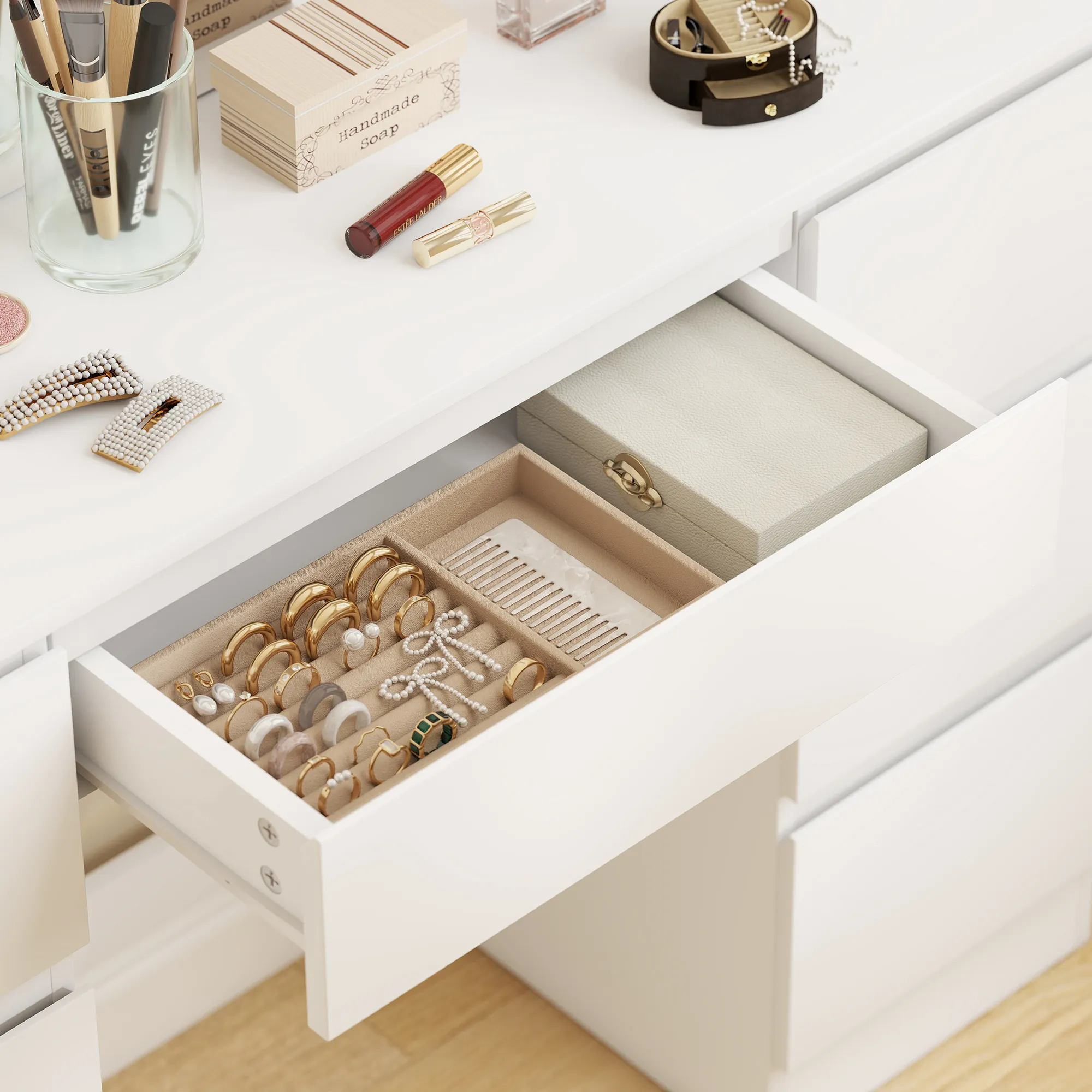 Coiffeuse avec Miroir Hollywood LED & Tabouret – 7 Tiroirs – Blanc - Image 9