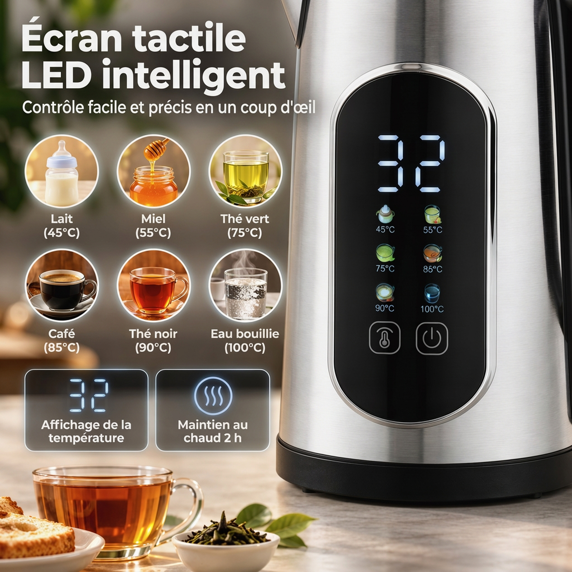 Ensemble Bouilloire 1,5 L 2200 W & Grille-Pain Tactile 2 Tranches – Inox Argenté - Afbeelding 4