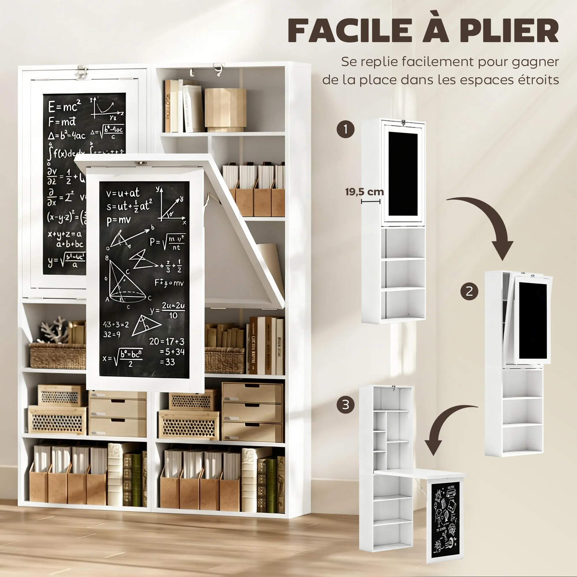 Bureau Pliable 3-en-1 avec Bibliothèque & Tableau Noir – Blanc - Image 4