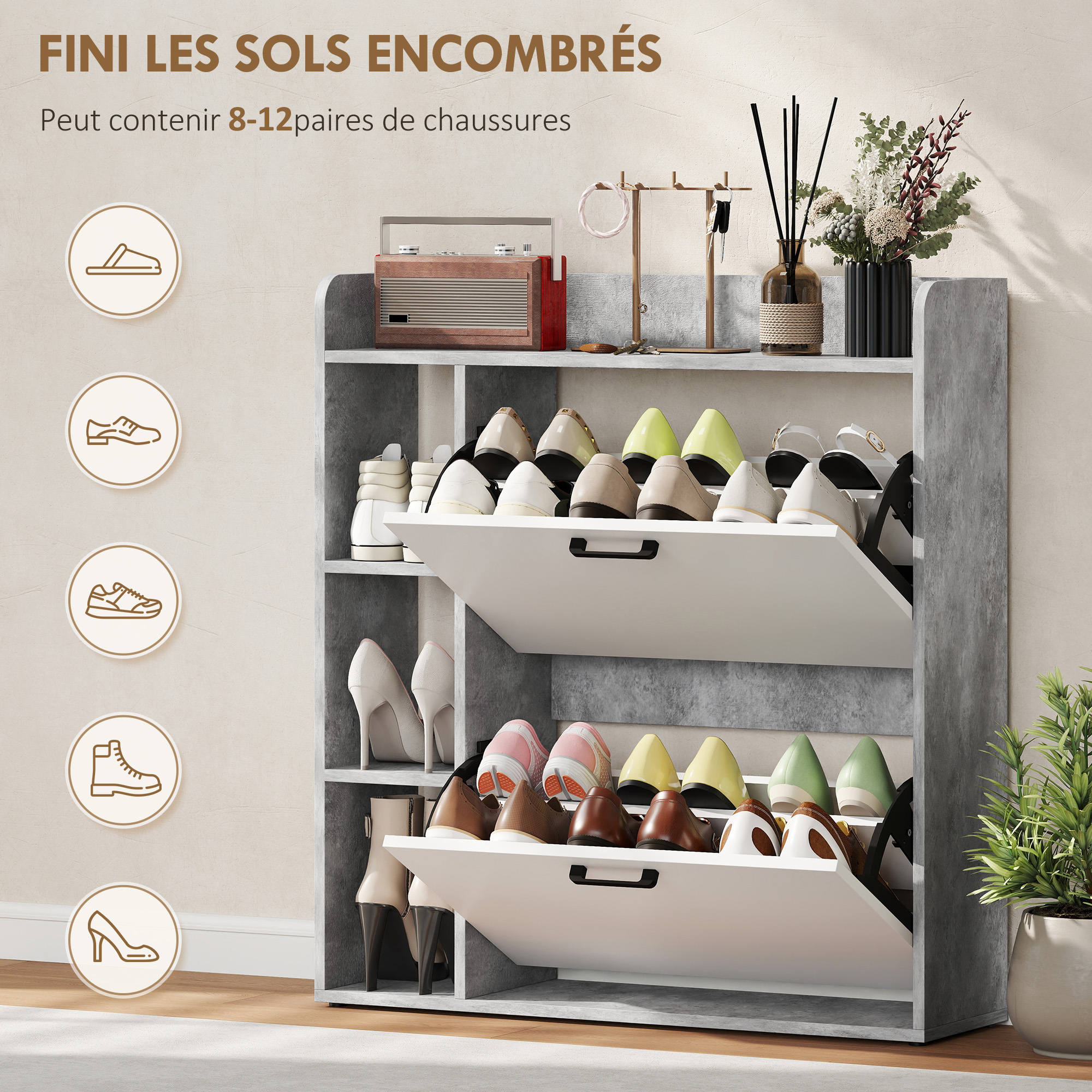 Meuble à Chaussures 15 Paires – 2 Tiroirs Basculants & Rangements – Blanc et Gris - Afbeelding 4