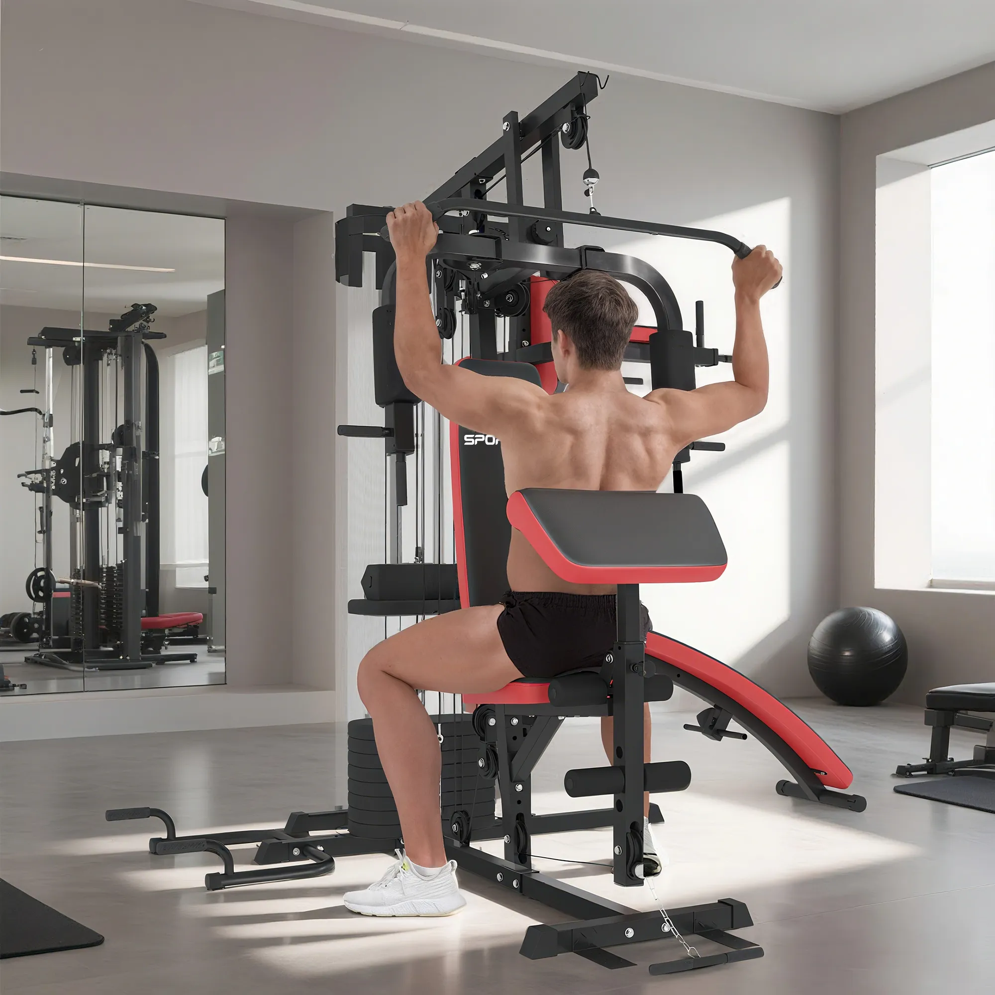 Station de Musculation Multifonction 65 kg avec Banc & Poulies – Rouge & Noir Tags - Image 8