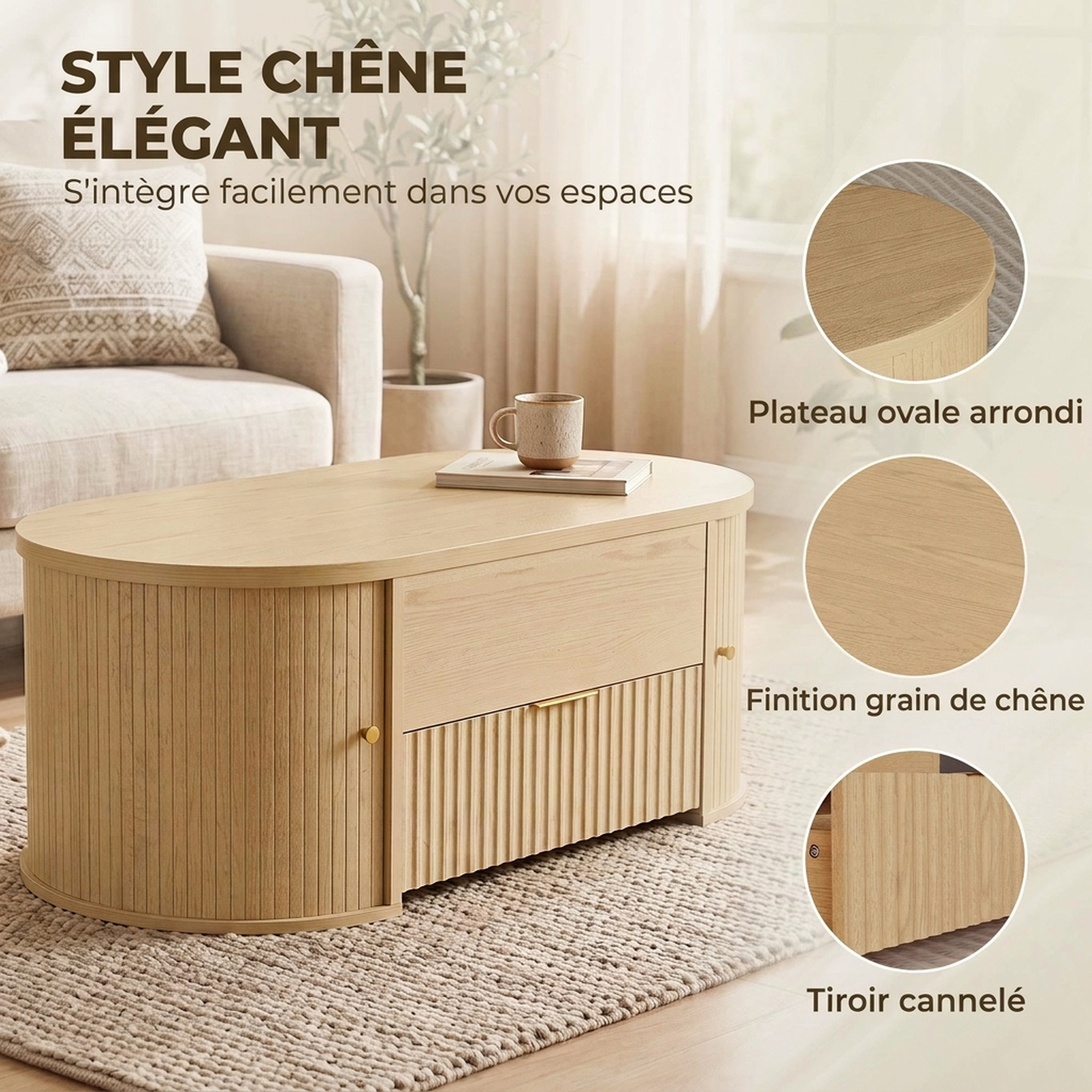 Table Basse Relevable Ovale avec Rangements et Portes Coulissantes – 100 cm – Chêne - Afbeelding 7