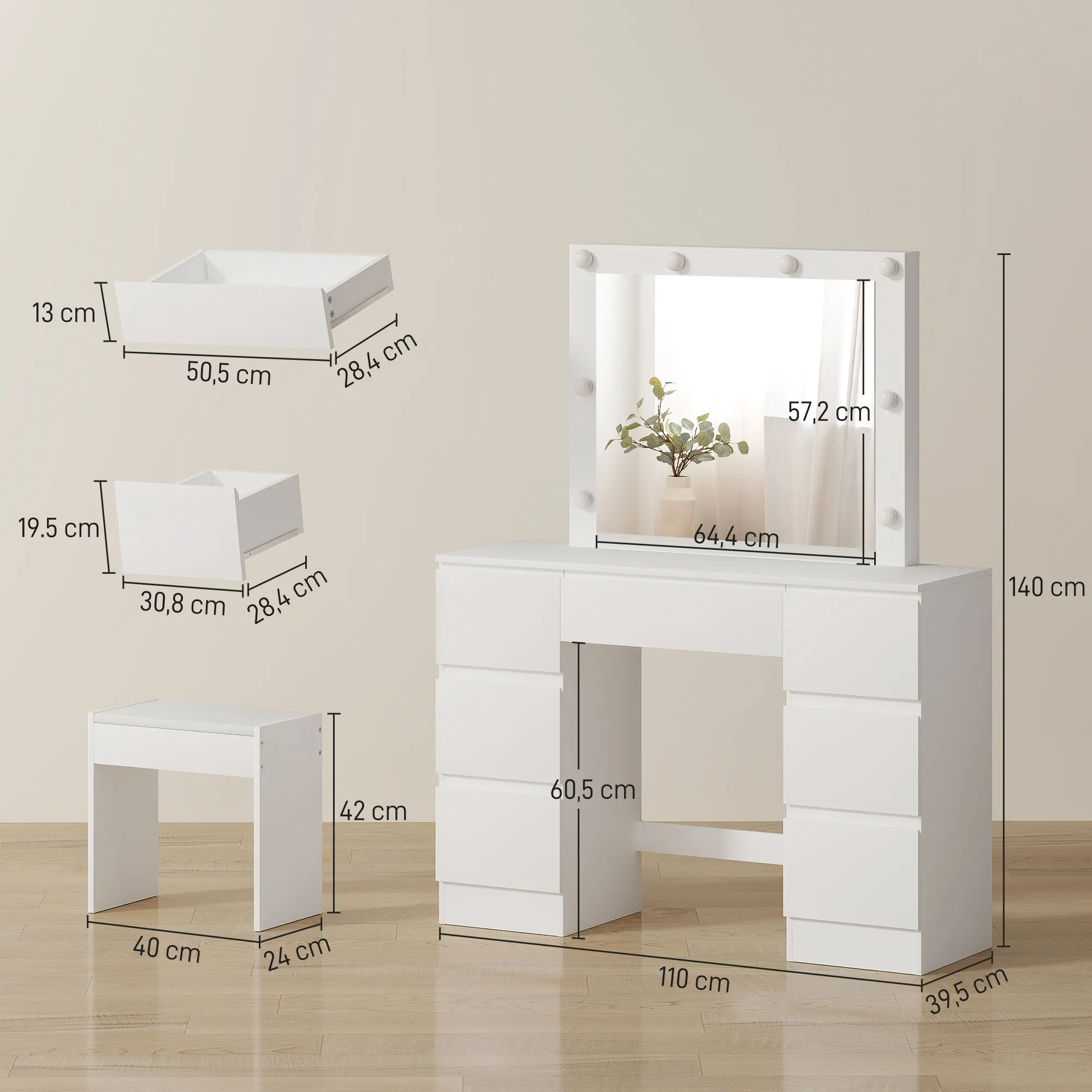 Coiffeuse avec Miroir Hollywood LED & Tabouret – 7 Tiroirs – Blanc - Image 3