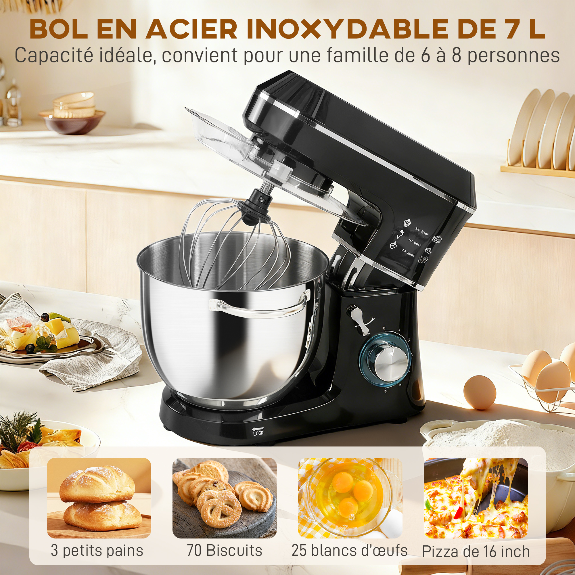 Robot Pâtissier 1400 W – Bol Inox 7 L, 6 Vitesses & Accessoires – Noir – Bild 5