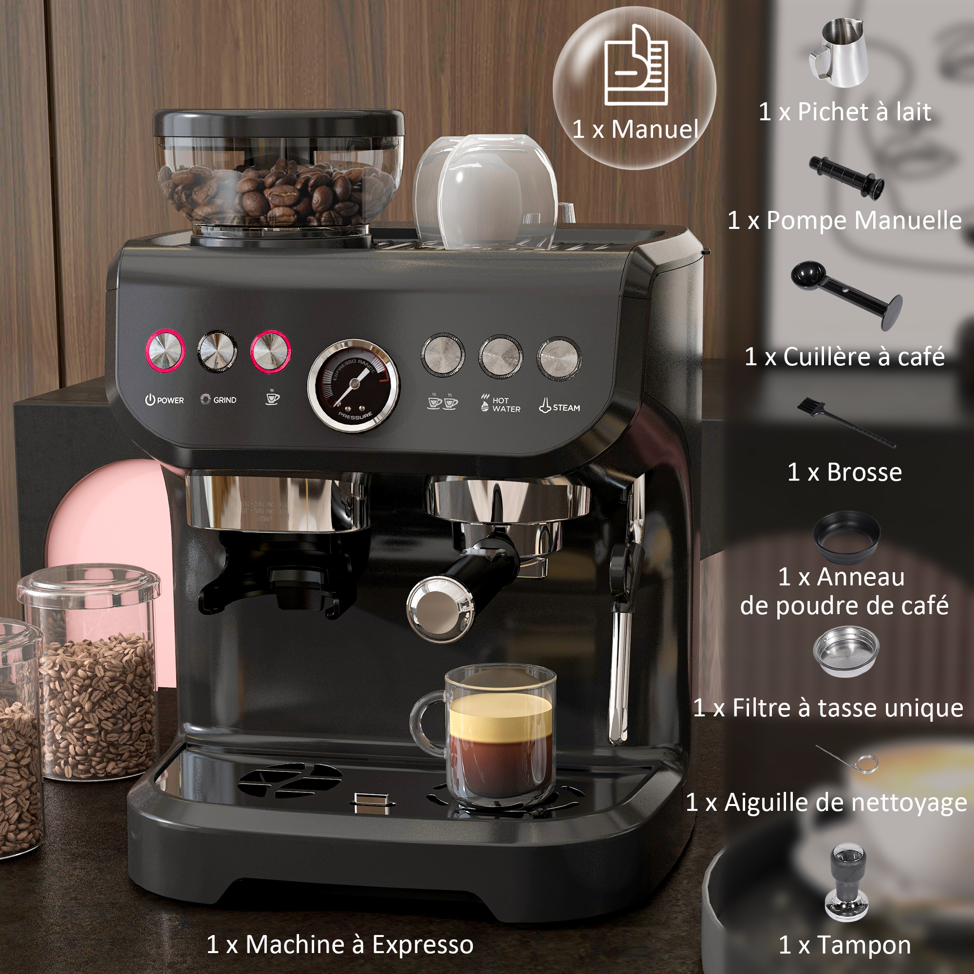 Machine Expresso avec Moulin à Grains 1600 W – 15 Bars & Buse Vapeur – Noir – Bild 9