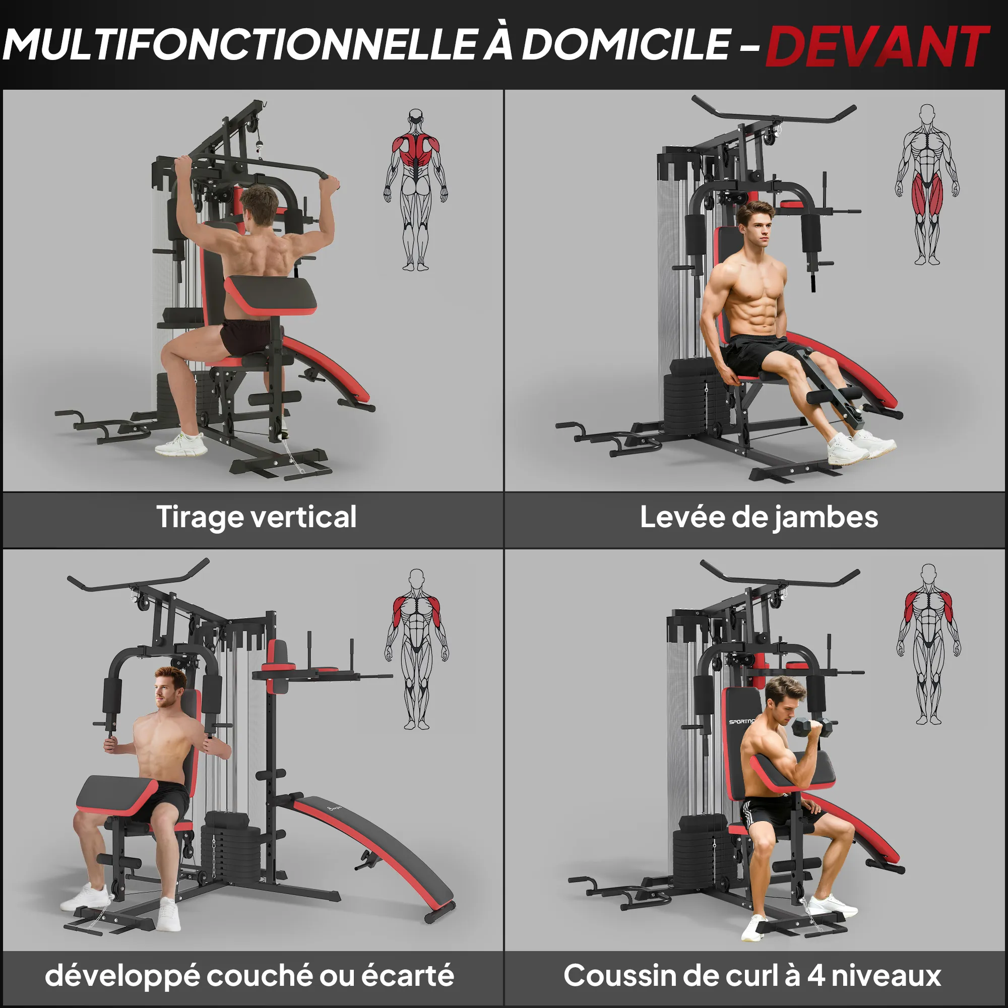 Station de Musculation Multifonction 65 kg avec Banc & Poulies – Rouge & Noir Tags - Image 4