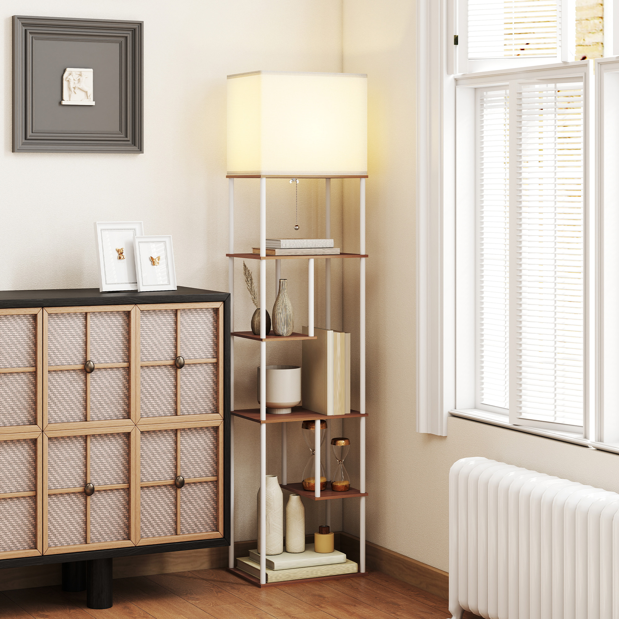 Lampadaire avec étagères, lampadaire sur pied de salon dimmable, télécommande, 40 x 29 x 171 cm, bois naturel - Afbeelding 8