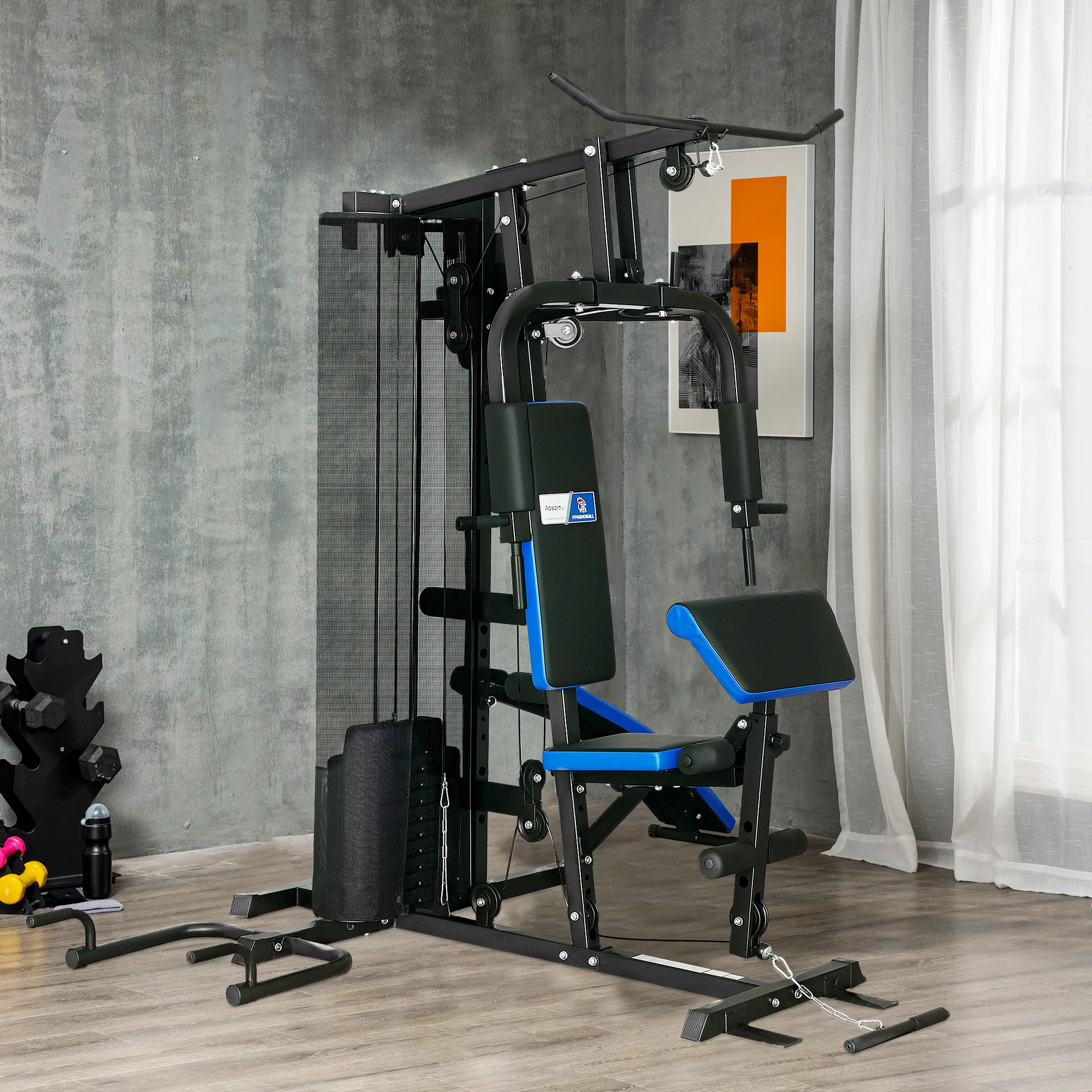 Station de Musculation Multifonction 65 kg avec Banc & Poulies – Bleu & Noir - Afbeelding 8