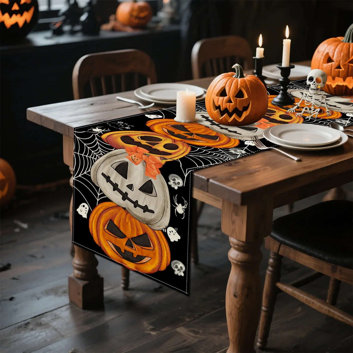 Chemin de Table Halloween Citrouilles, Chauves-Souris & Crânes – 33 × 183 cm - Image 4