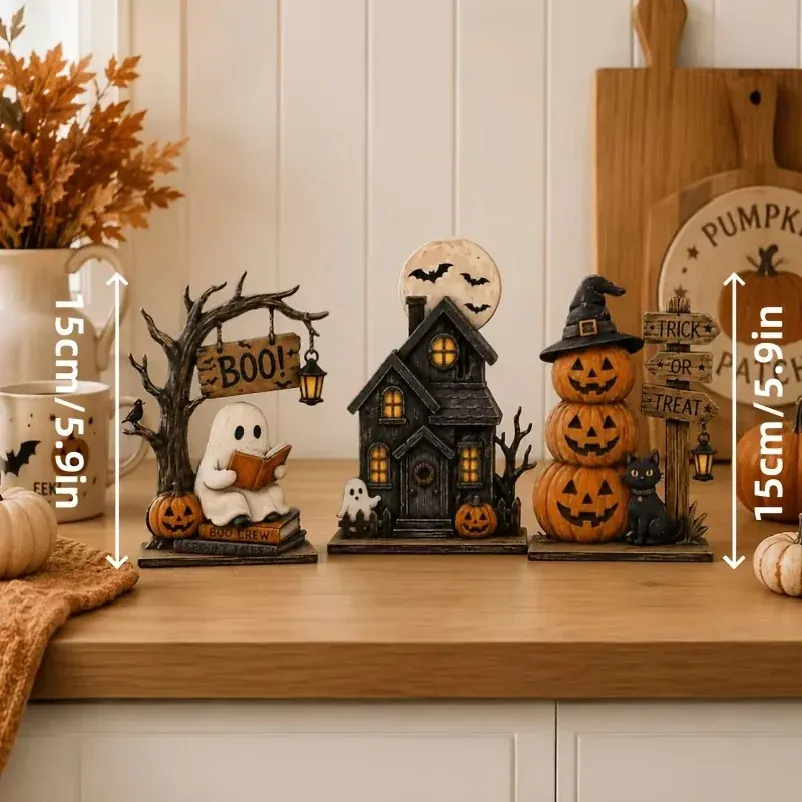 Lot de 3 Décorations Halloween Vintage en Bois – Modèles Assortis – 15 cm - Afbeelding 6