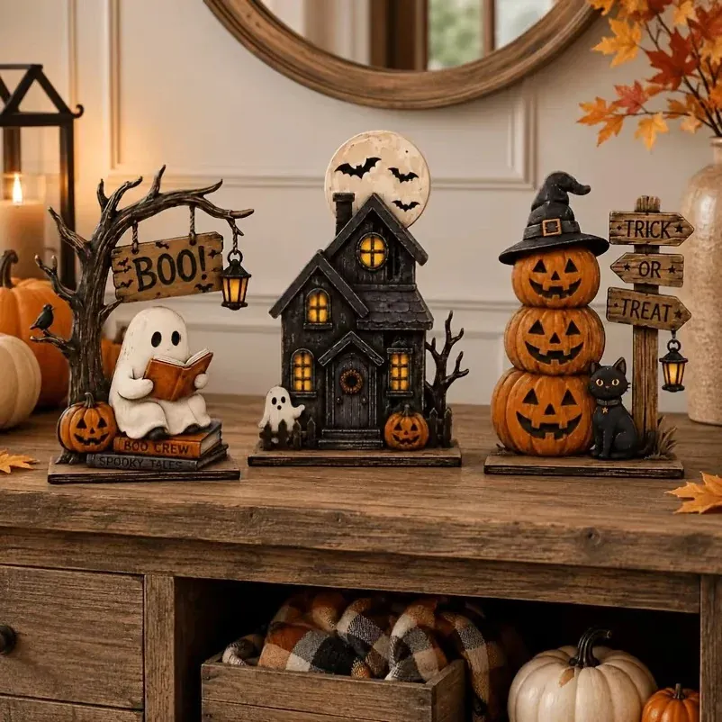 Lot de 3 Décorations Halloween Vintage en Bois – Modèles Assortis – 15 cm - Afbeelding 3