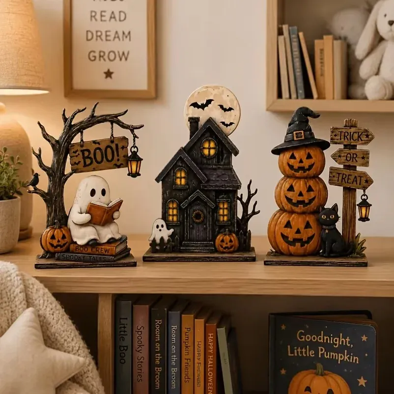 Lot de 3 Décorations Halloween Vintage en Bois – Modèles Assortis – 15 cm - Afbeelding 2