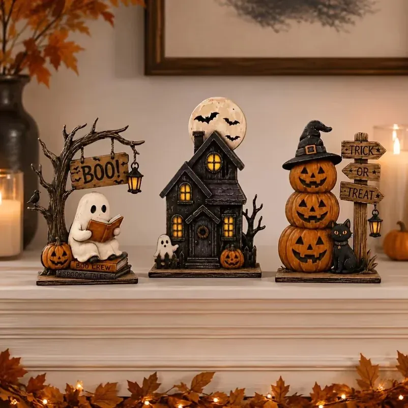 Lot de 3 Décorations Halloween Vintage en Bois – Modèles Assortis – 15 cm - Afbeelding 5