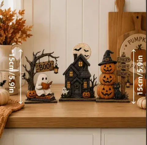 Lot de 3 Décorations Halloween Vintage en Bois – Modèles Assortis – 15 cm - Afbeelding 7