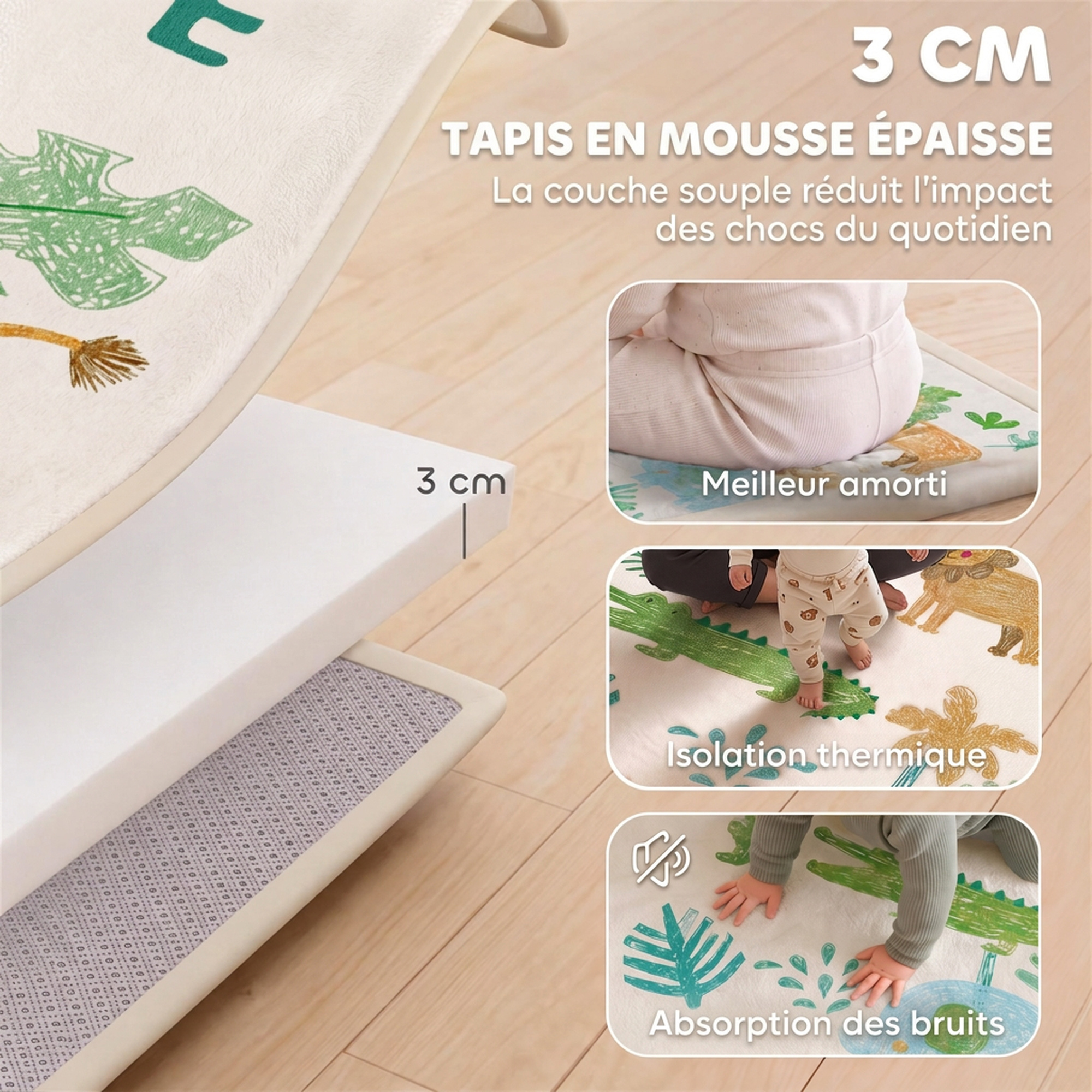 Tapis d'Éveil Bébé 150 × 200 cm en Mousse Épaisse 3 cm Antidérapant – Animaux - Afbeelding 4