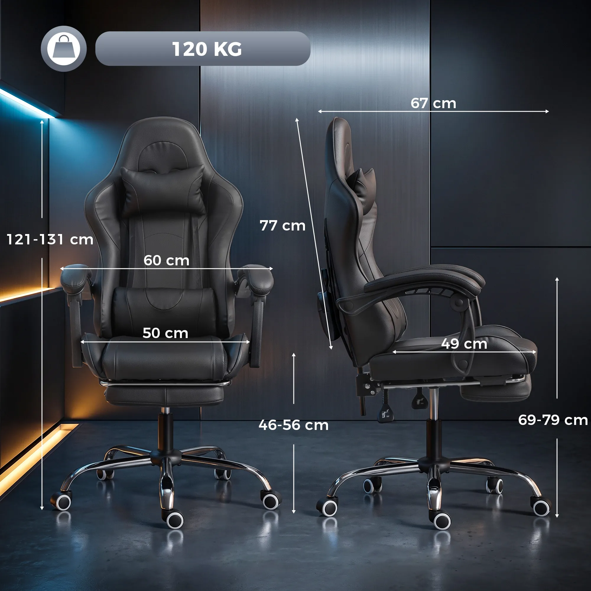 Fauteuil Gaming Ergonomique avec Massage USB, Repose-Pieds & Dossier Inclinable – Noir - Afbeelding 3