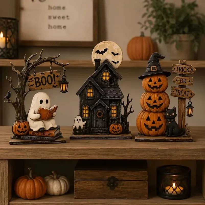 Lot de 3 Décorations Halloween Vintage en Bois – Modèles Assortis – 15 cm - Afbeelding 4