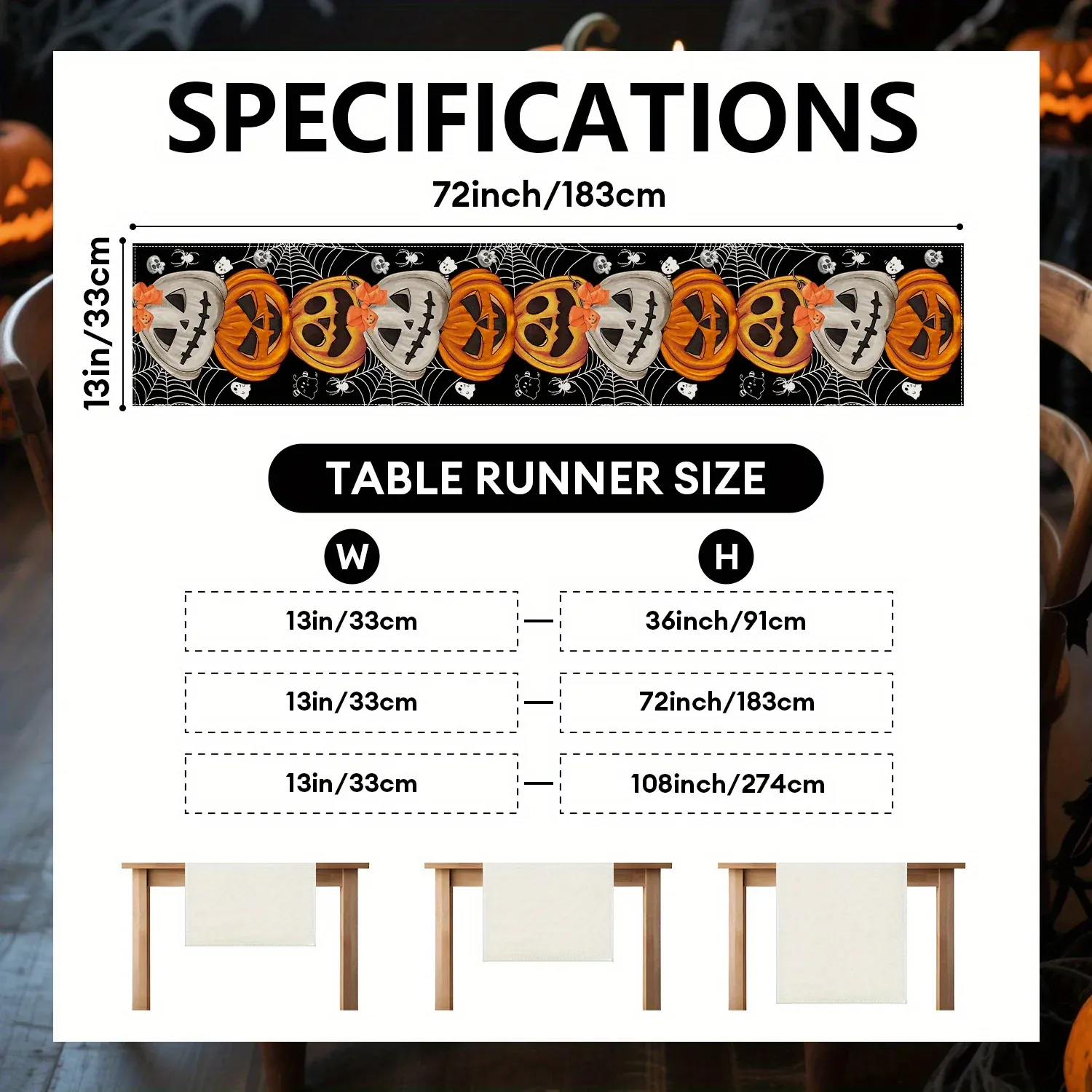 Chemin de Table Halloween Citrouilles, Chauves-Souris & Crânes – 33 × 183 cm - Image 7