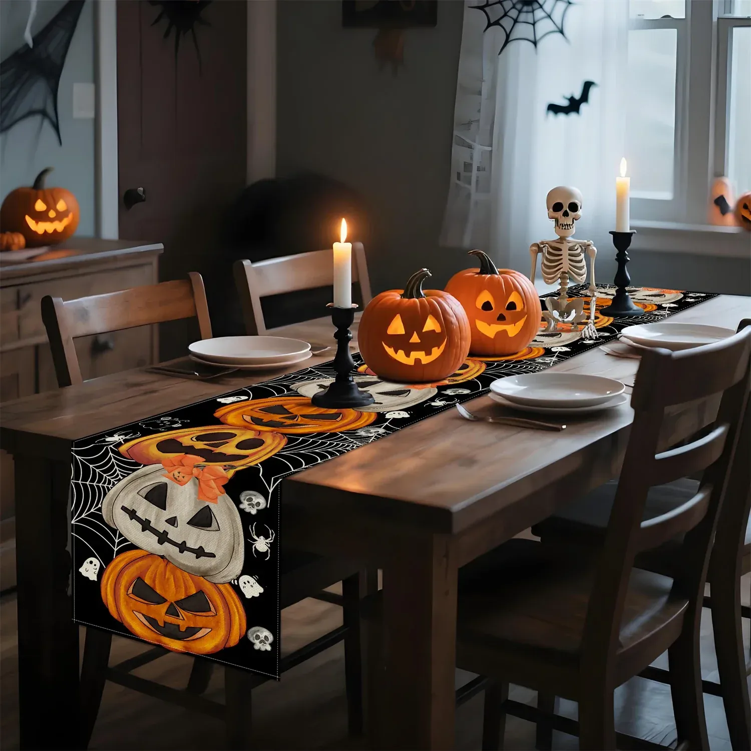 Chemin de Table Halloween Citrouilles, Chauves-Souris & Crânes – 33 × 183 cm - Image 3