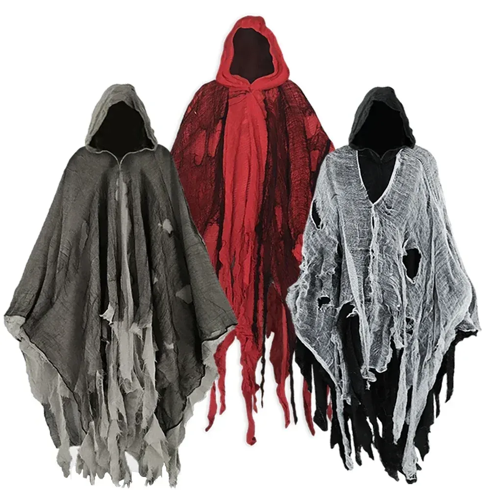 Cape Fantôme à Capuche Halloween Unisexe – Effet Déchiré – 180 cm