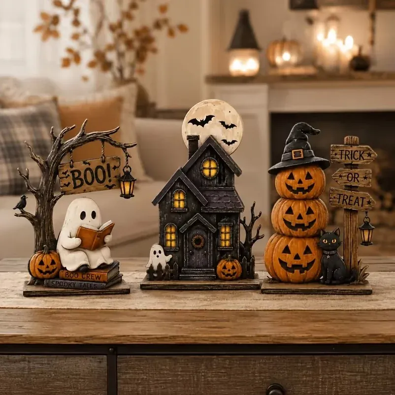Lot de 3 Décorations Halloween Vintage en Bois – Modèles Assortis – 15 cm