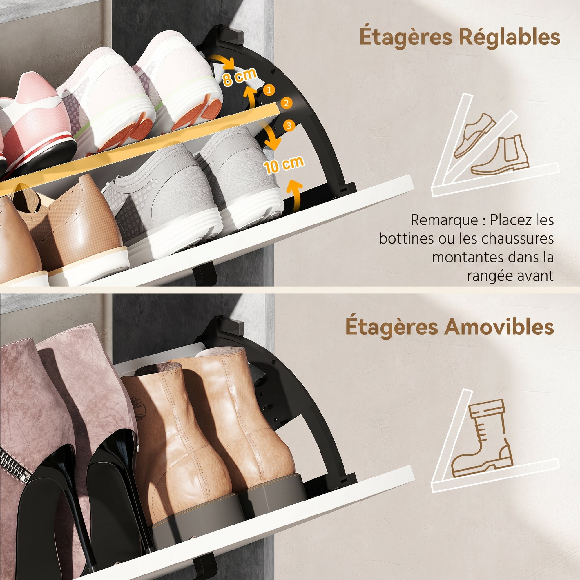Meuble à Chaussures 15 Paires – 2 Tiroirs Basculants & Rangements – Blanc et Gris - Afbeelding 5