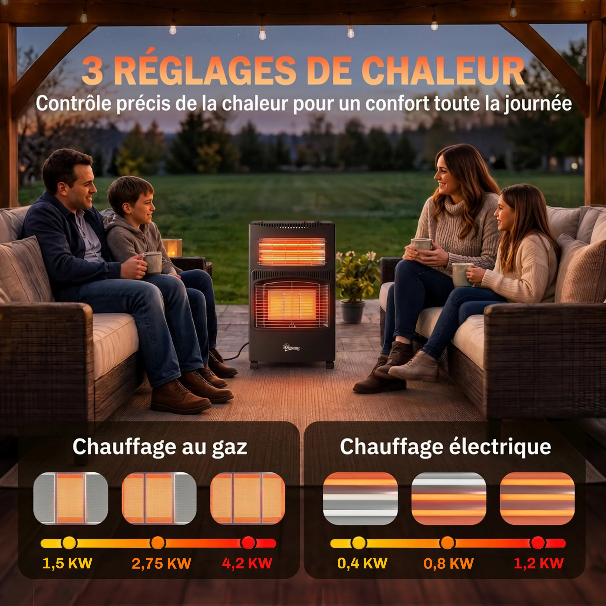 Chauffage d’Appoint Gaz & Électrique 4,2 kW / 1,2 kW – Pliable – Noir - Image 5