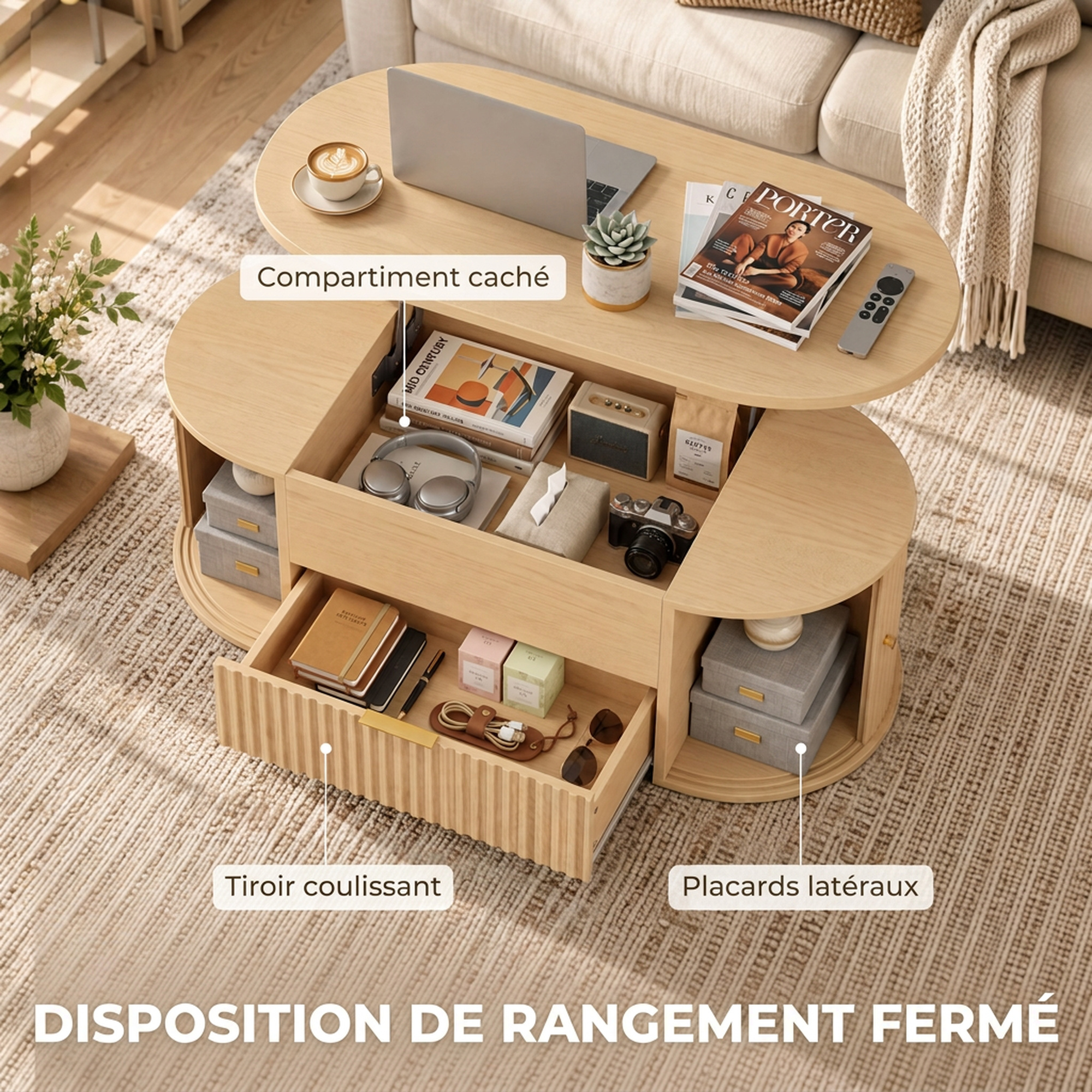 Table Basse Relevable Ovale avec Rangements et Portes Coulissantes – 100 cm – Chêne - Afbeelding 5