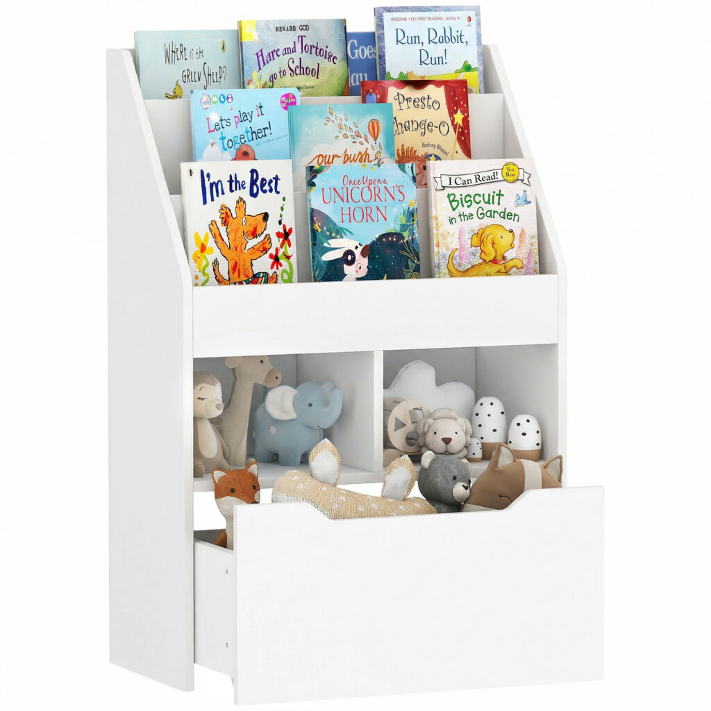 Bibliothèque Enfant Blanche 90 cm – 3 Étagères, 2 Niches et Tiroir