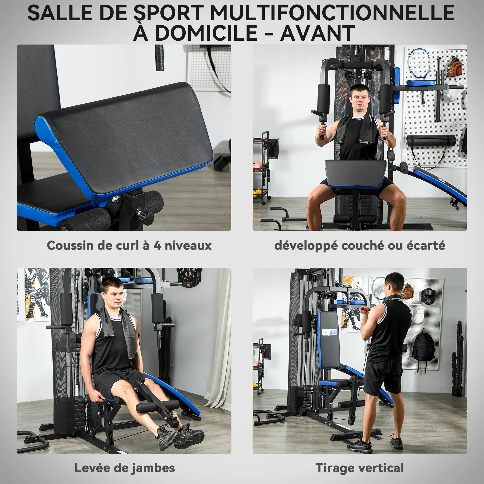 Station de Musculation Multifonction 65 kg avec Banc & Poulies – Bleu & Noir - Afbeelding 4