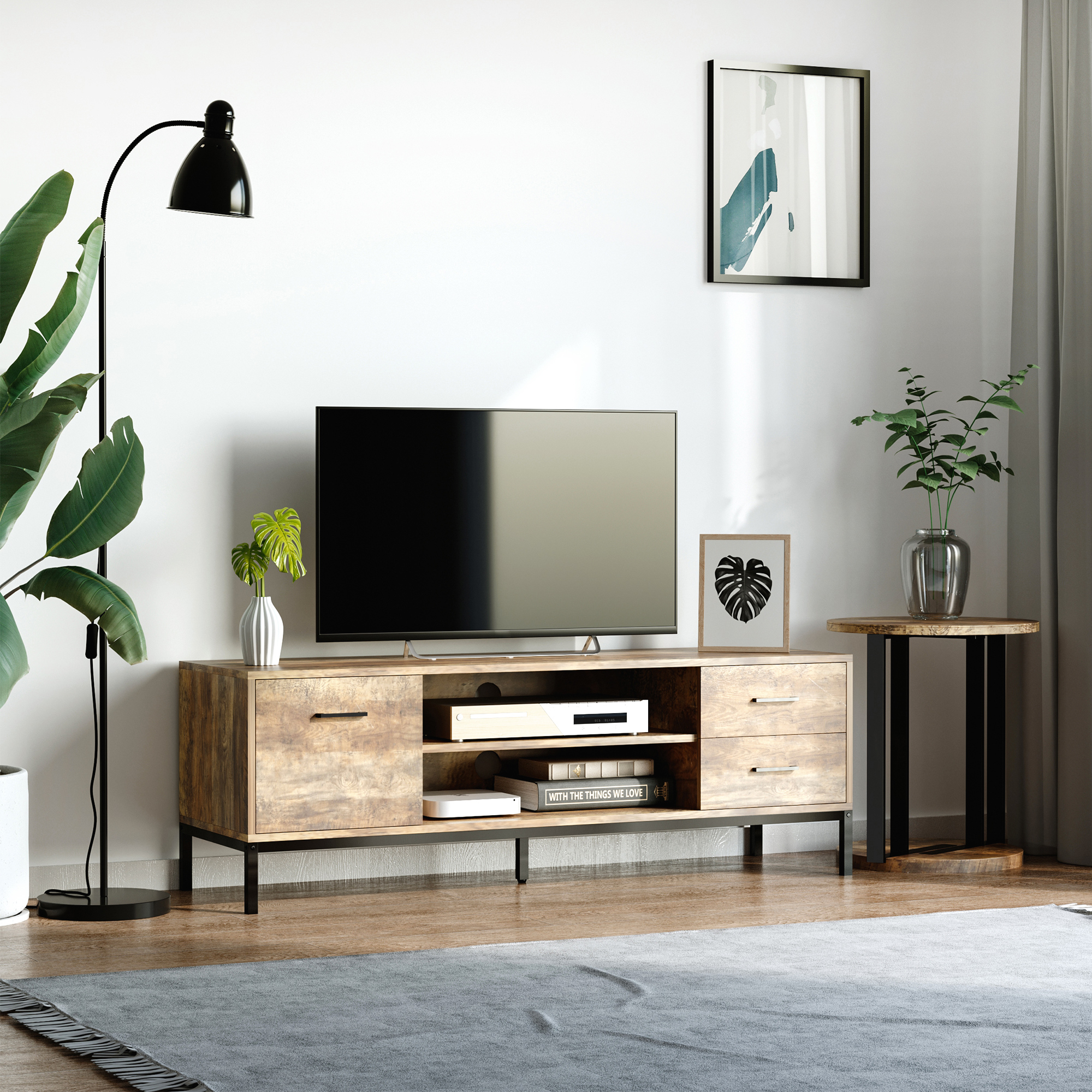 Meuble TV Industriel 132 cm – 2 Tiroirs, Placard & Niches – Marron et Noir - Afbeelding 2