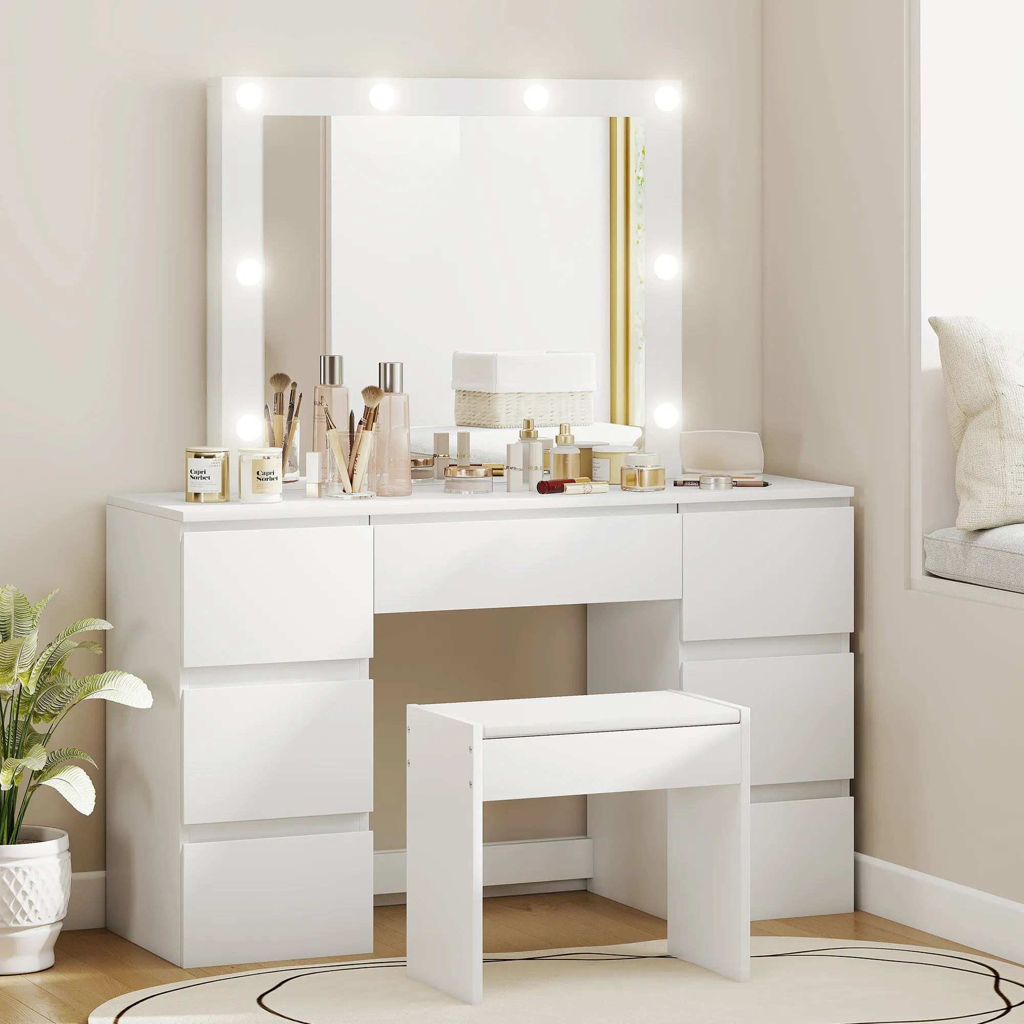 Coiffeuse avec Miroir Hollywood LED & Tabouret – 7 Tiroirs – Blanc - Image 2