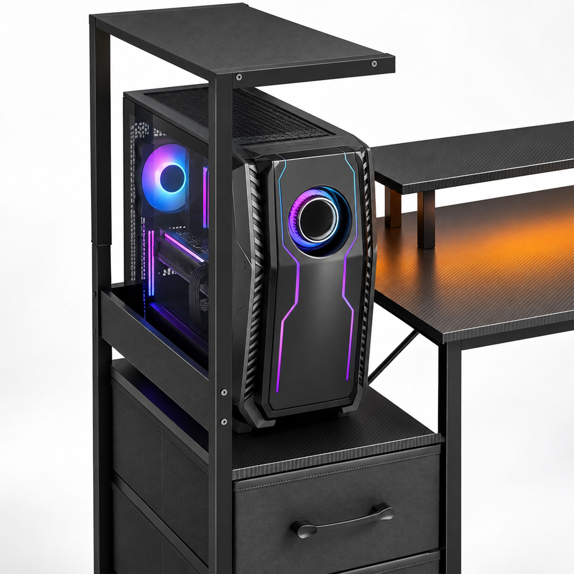 Bureau Gaming 147 x 47 cm, Éclairage RGB, Prises et Ports USB, Support pour Unité Centrale Réglable et Réversible, Noir - Image 10