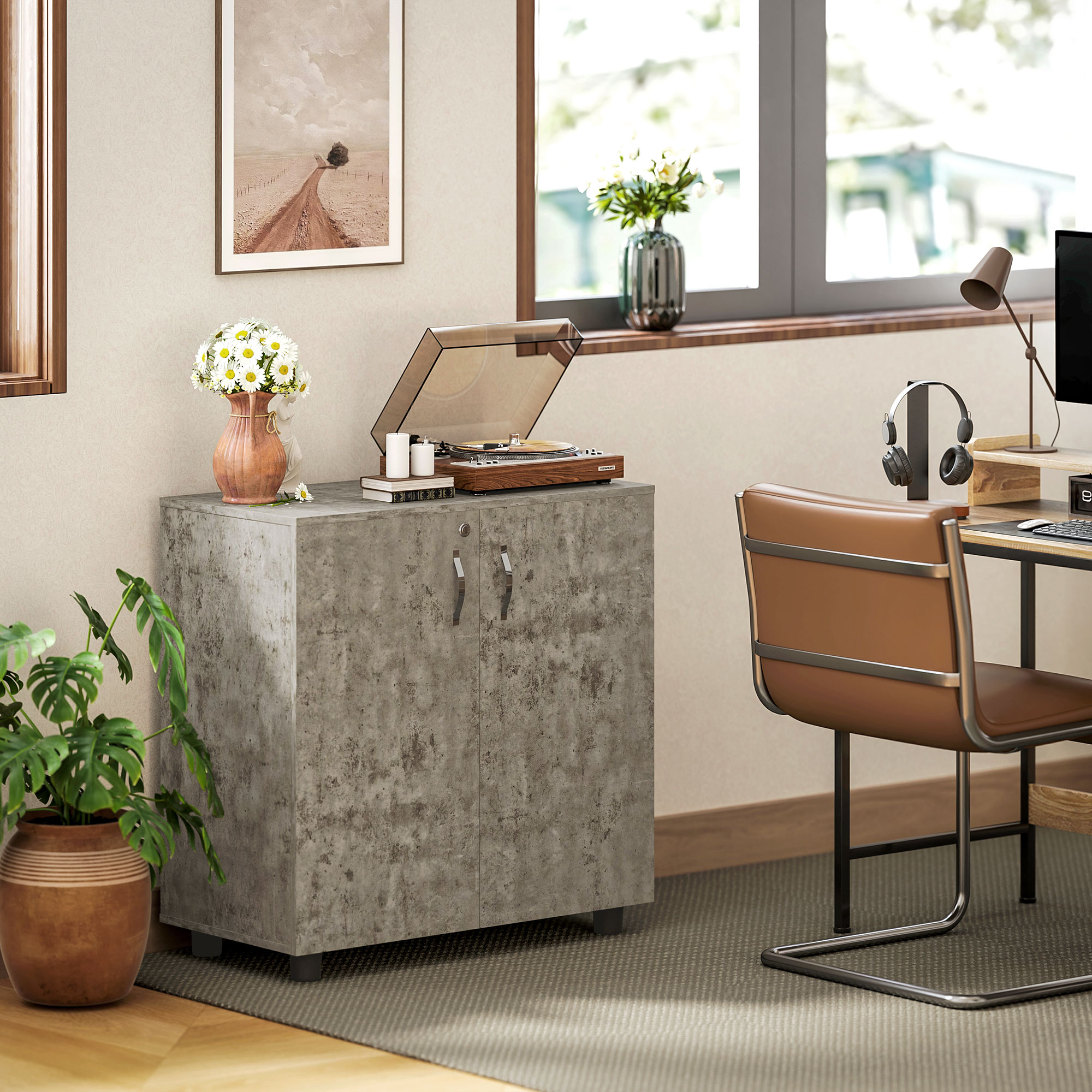 Armoire de Bureau Verrouillable 2 Portes avec Étagère – 80 cm – Gris - Image 8