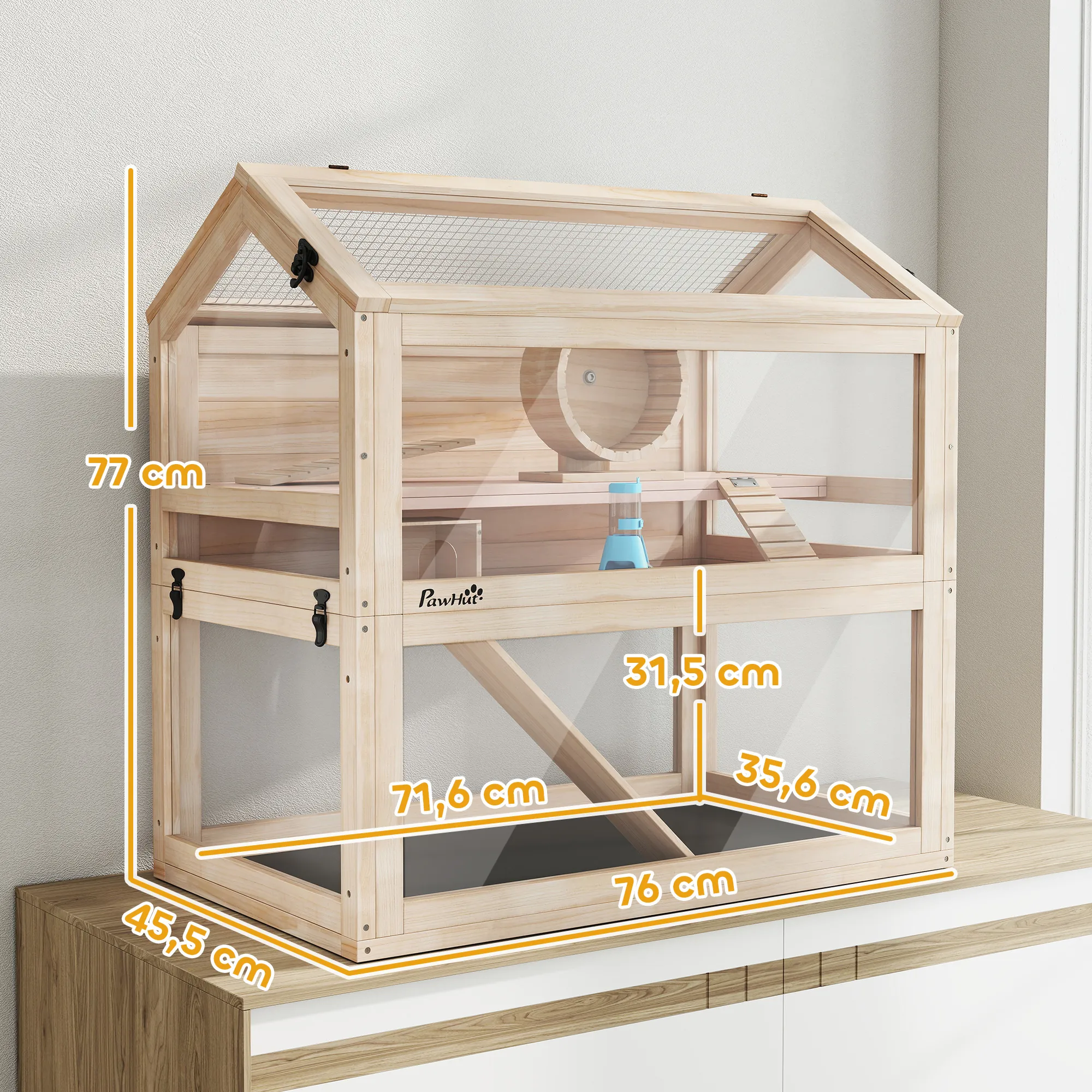 Cage pour Hamster 3 Niveaux en Bois avec Roue & Accessoires – 76 cm – Bild 3