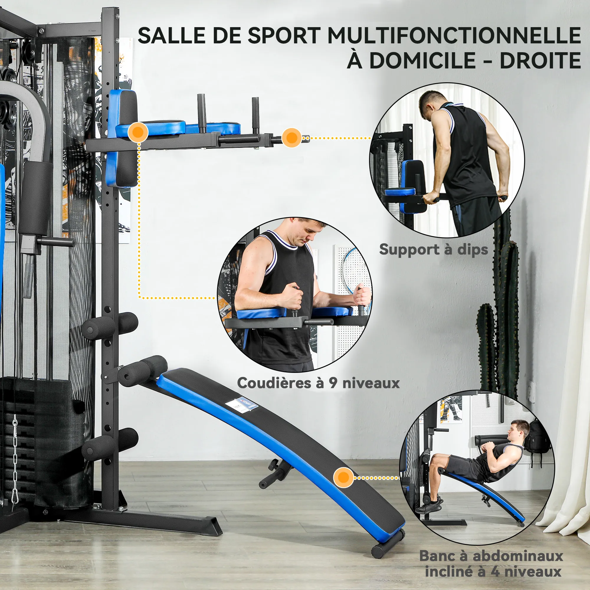 Station de Musculation Multifonction 65 kg avec Banc & Poulies – Bleu & Noir - Afbeelding 5
