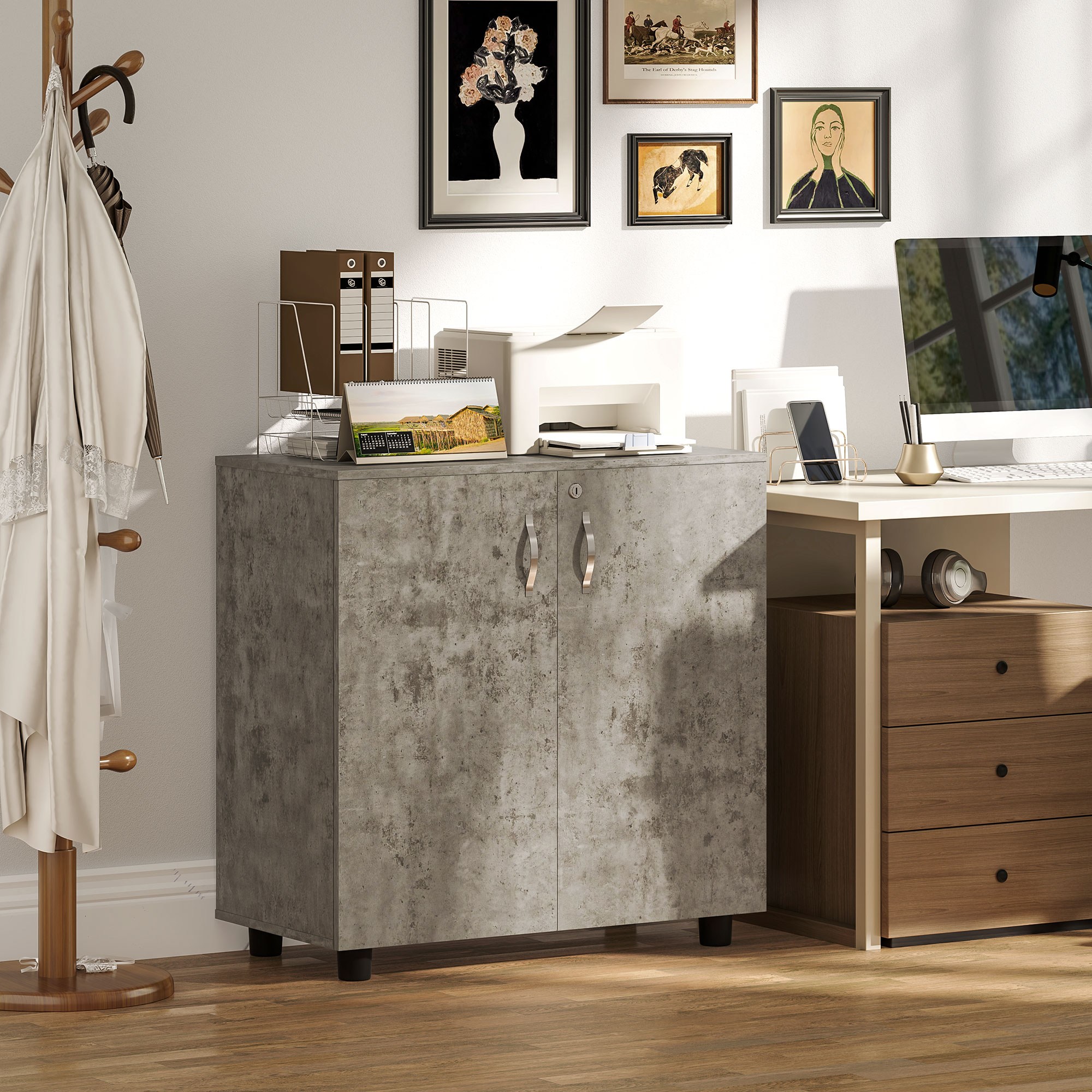 Armoire de Bureau Verrouillable 2 Portes avec Étagère – 80 cm – Gris - Image 9