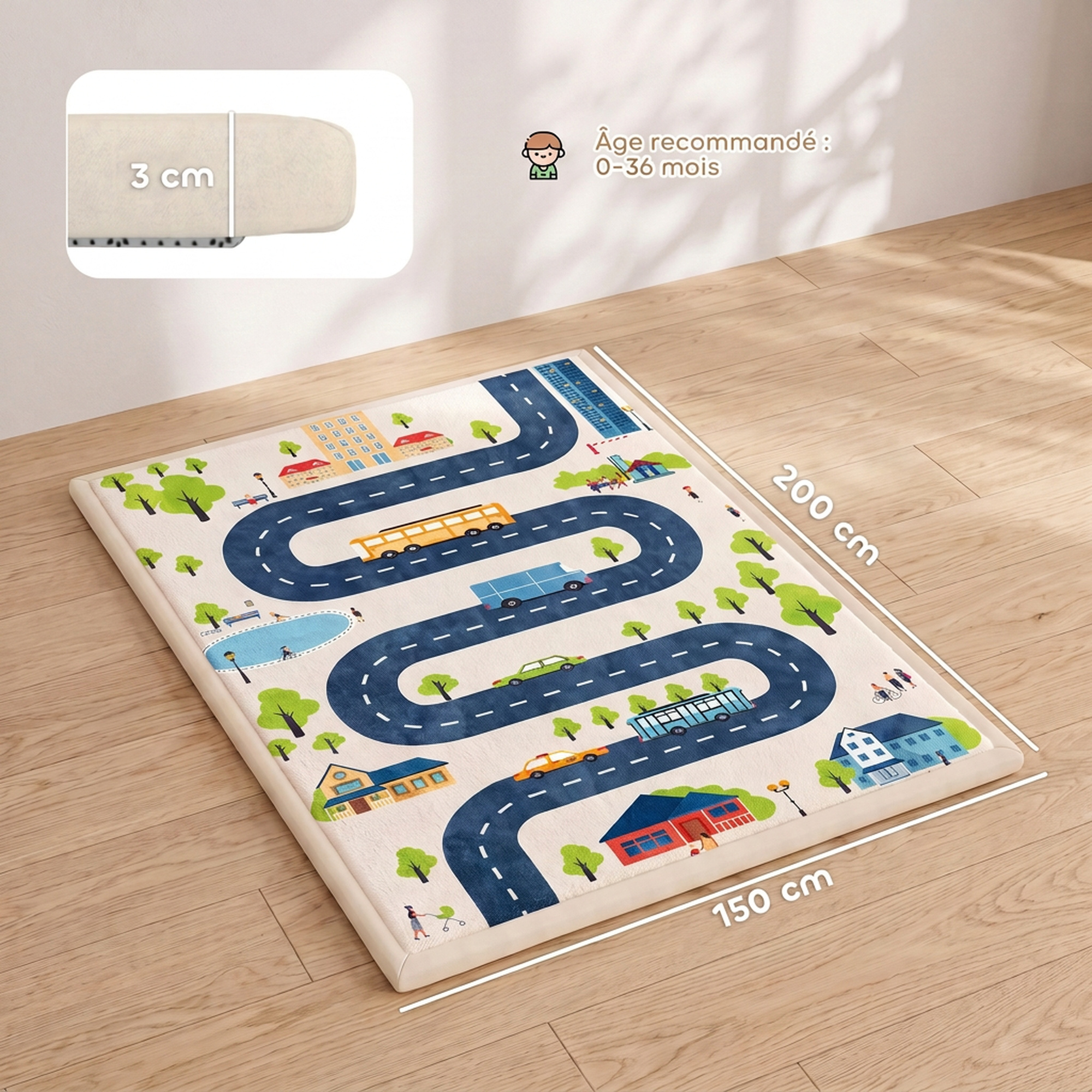 Tapis de Jeu Bébé 150 × 200 cm en Mousse 3 cm Antidérapant – Circuit Routier - Afbeelding 3
