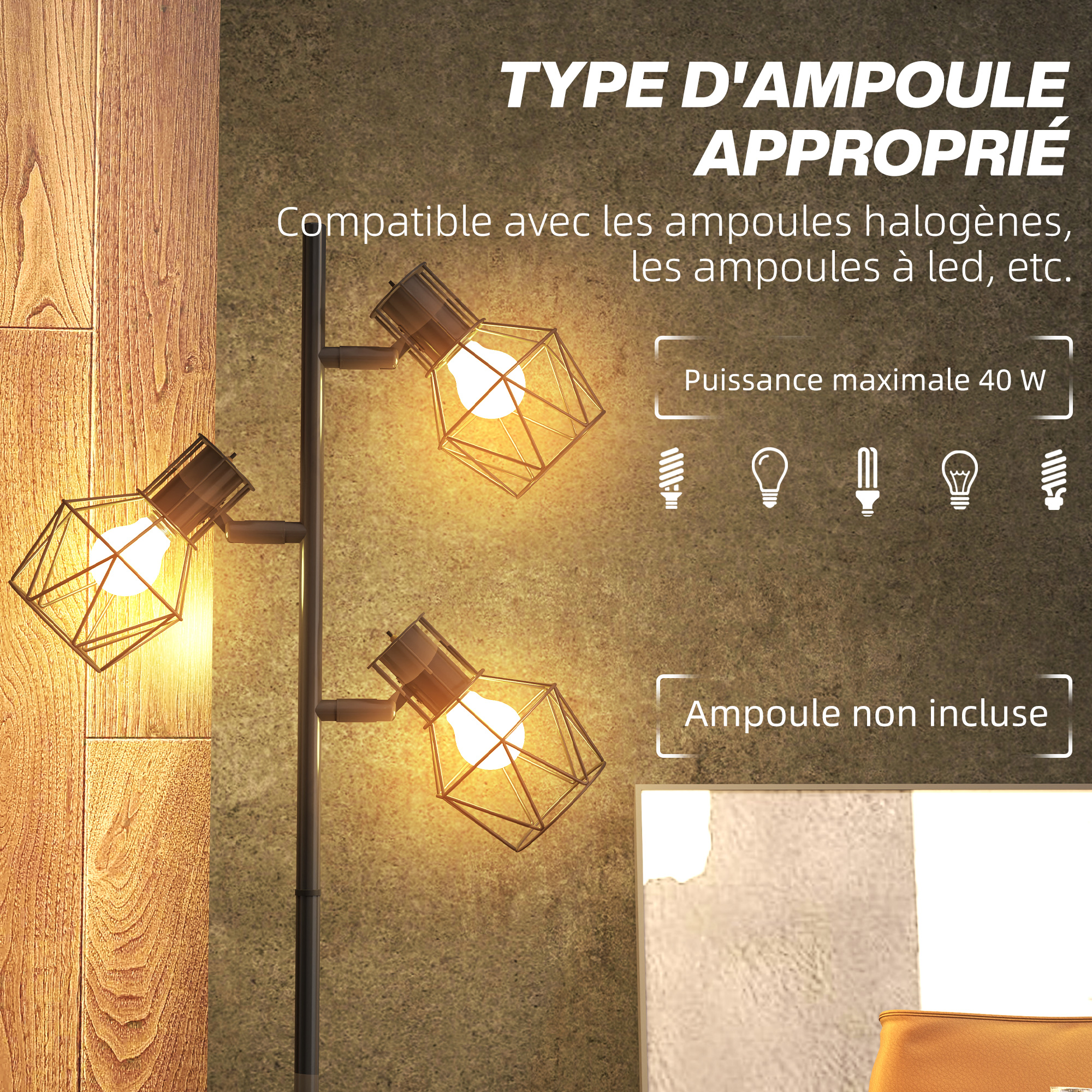 Lampadaire Moderne 169 cm – 3 Spots Orientables E27 avec Interrupteurs – Noir - Image 6
