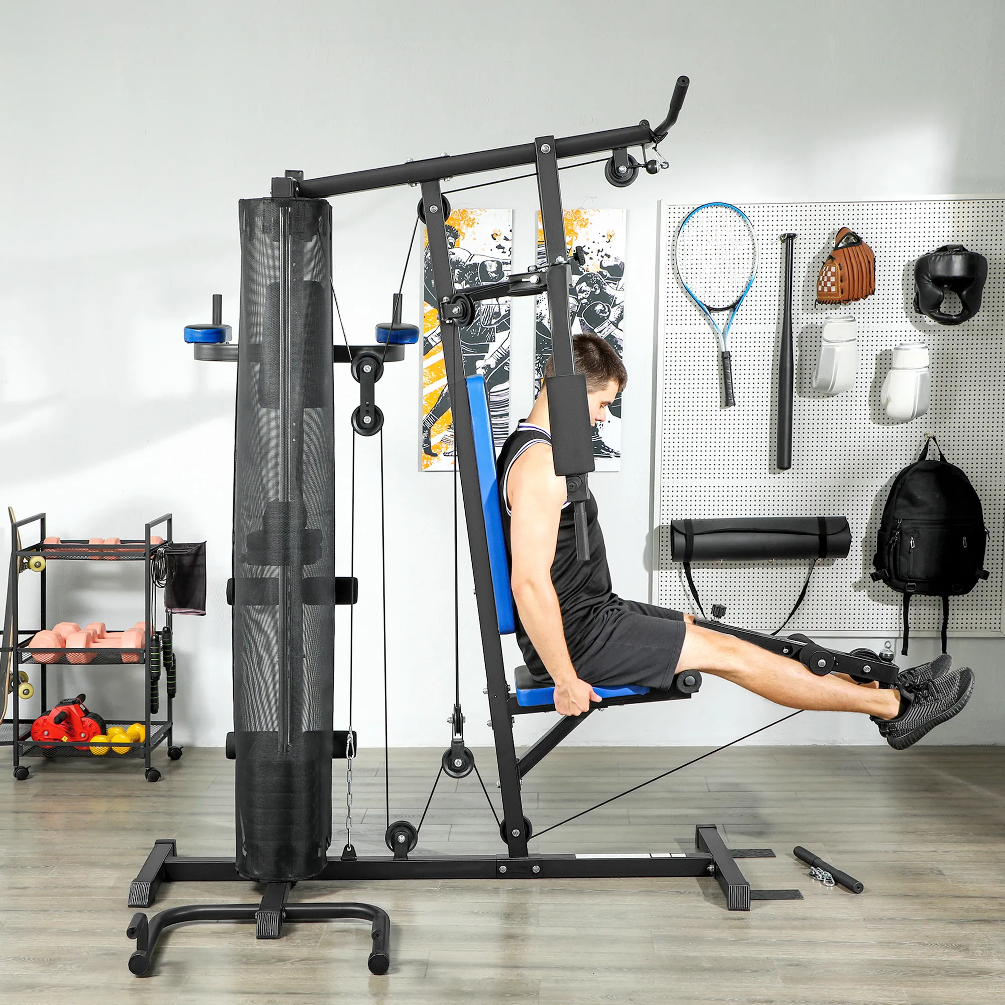Station de Musculation Multifonction 65 kg avec Banc & Poulies – Bleu & Noir - Afbeelding 9